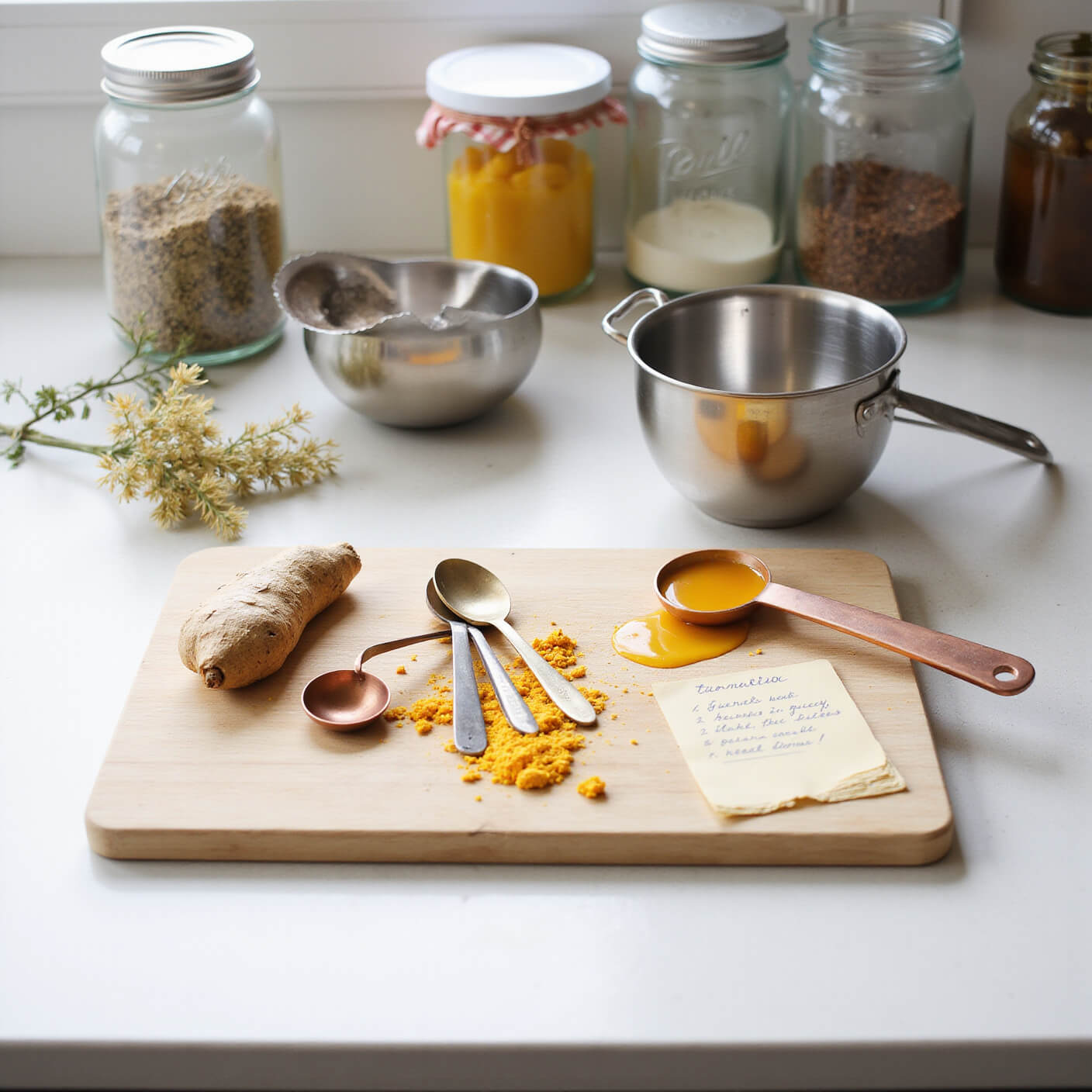 Minimalist kitchen scene with measuring spoons, fresh turmeric, honey on a copper spoon, stainless steel bowls, a handwritten recipe card, dried flowers, and glass jars of ingredients on a light wood cutting board, shot from above.