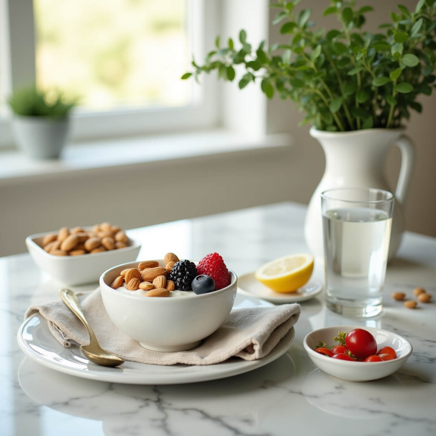 Breakfast setup promoting dental health on marble countertop with Greek yogurt, berries, almonds, mineral water, calcium supplements, and raw vegetables, in a bright, airy kitchen.