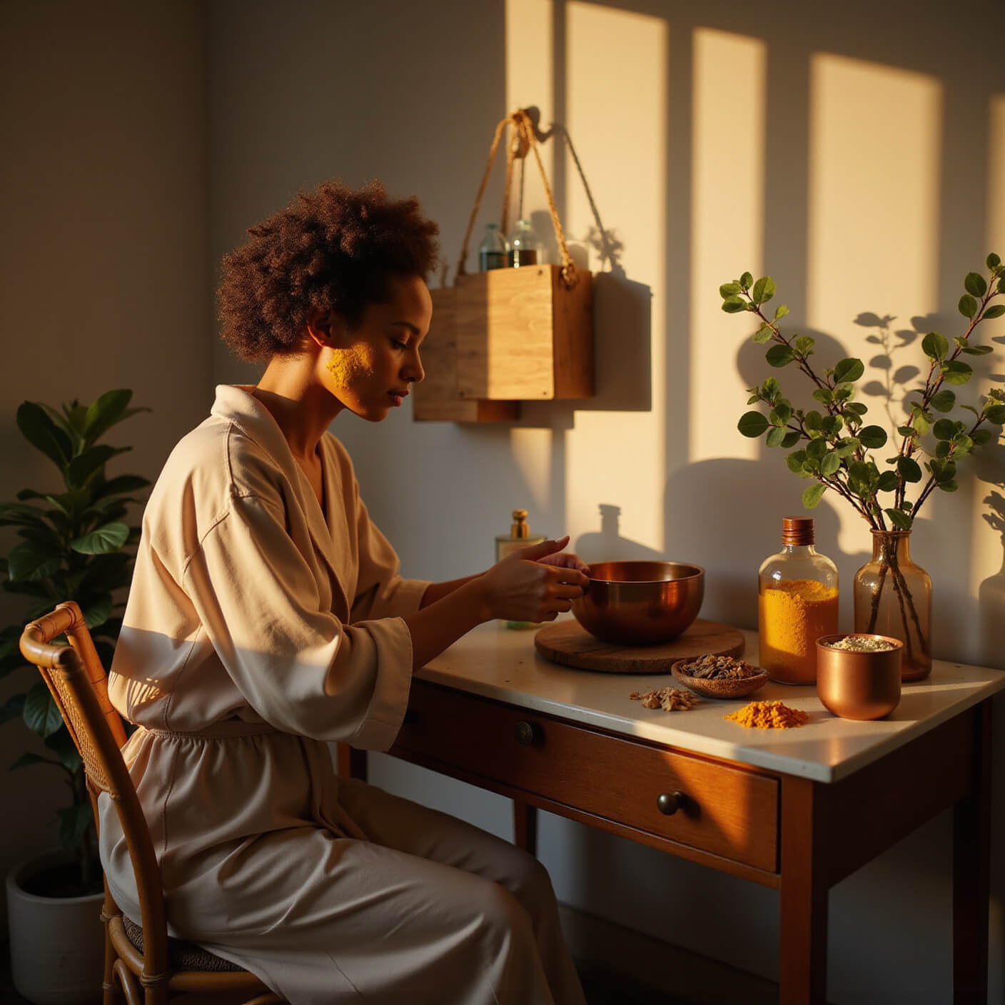 Woman in silk robe applies turmeric mask at vintage vanity in cozy, golden-hour bathroom with natural skincare items, bamboo chair, and eucalyptus branches.