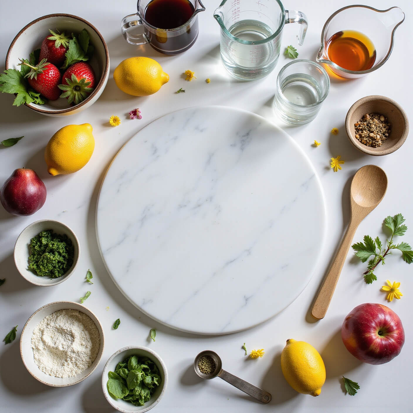 Overhead view of a bright kitchen-science setup with glass beakers, measuring tools, fresh fruits, herbs, flowers, ceramic bowls, wooden utensils, and a marble pastry board, all arranged neatly in morning light.