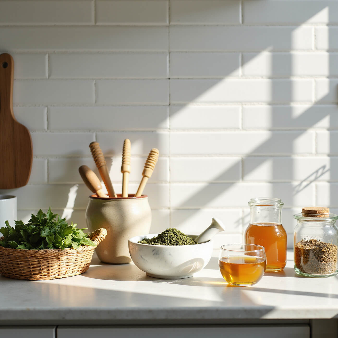 Sunlit kitchen beauty lab with marble mortar, glass jars of honey, fresh herbs, and natural ingredients against white subway tiles.