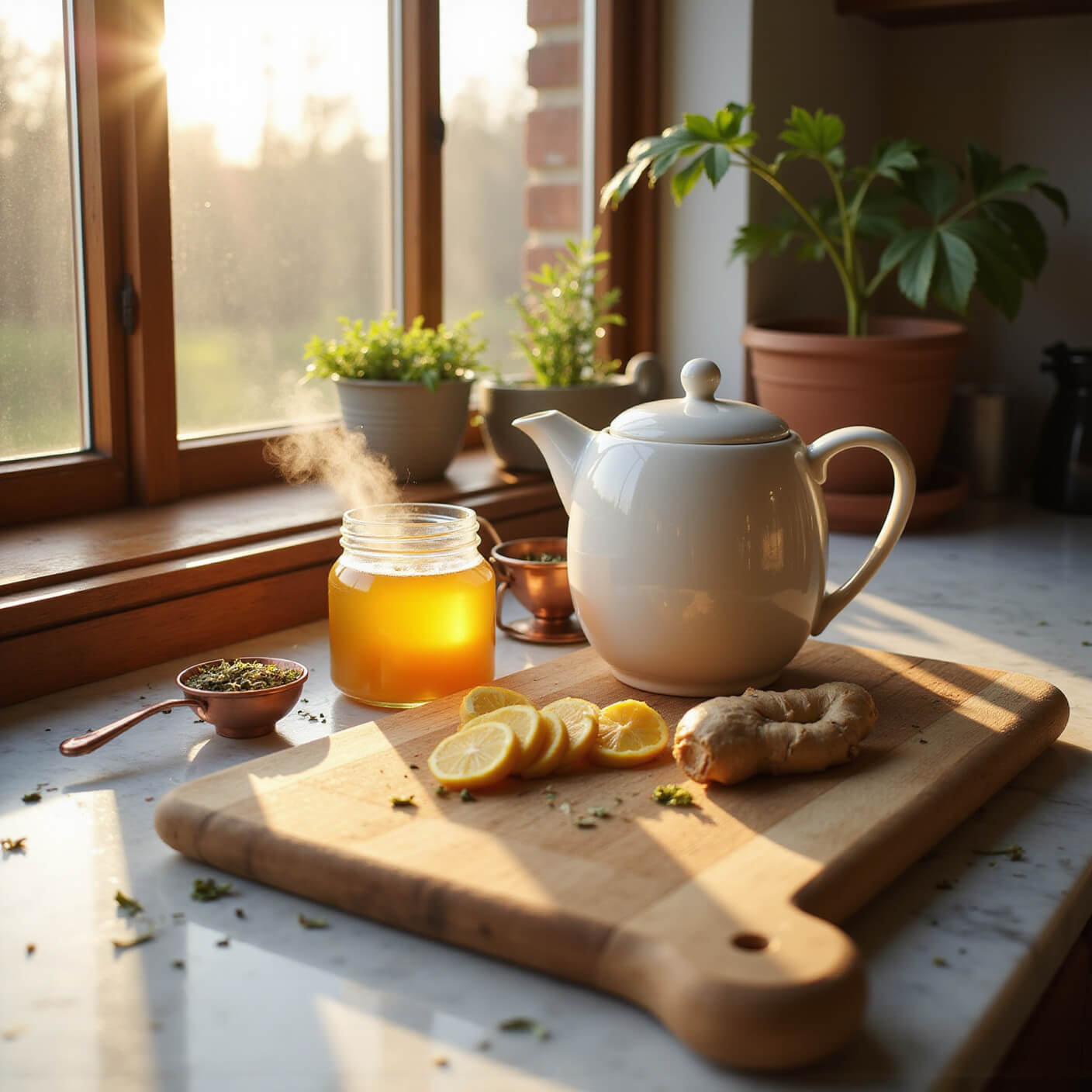 Sunlit modern kitchen countertop at golden hour with ginger slicing, steaming teapot, honey jar, pottery mug, scattered herbs, copper tea strainer, and potted herbs in softly shadowed natural light.