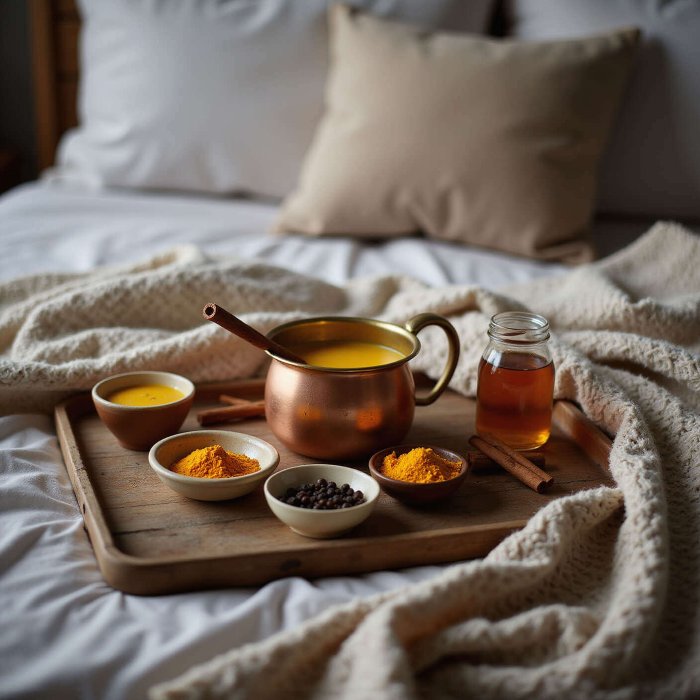 Overhead view of a cozy bedroom scene with a wooden tray holding a copper pot of steaming golden milk, small bowls of spices, a jar of honey, and soft white bedding in the background.