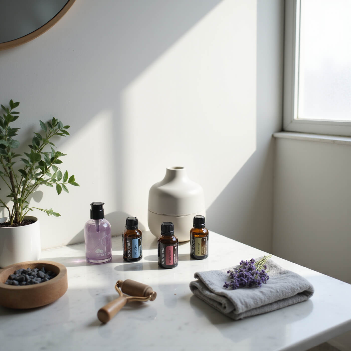 Minimalist bathroom wellness corner with essential oil bottles, misting diffuser, crystal roller, dried lavender, and potted eucalyptus in soft morning light.