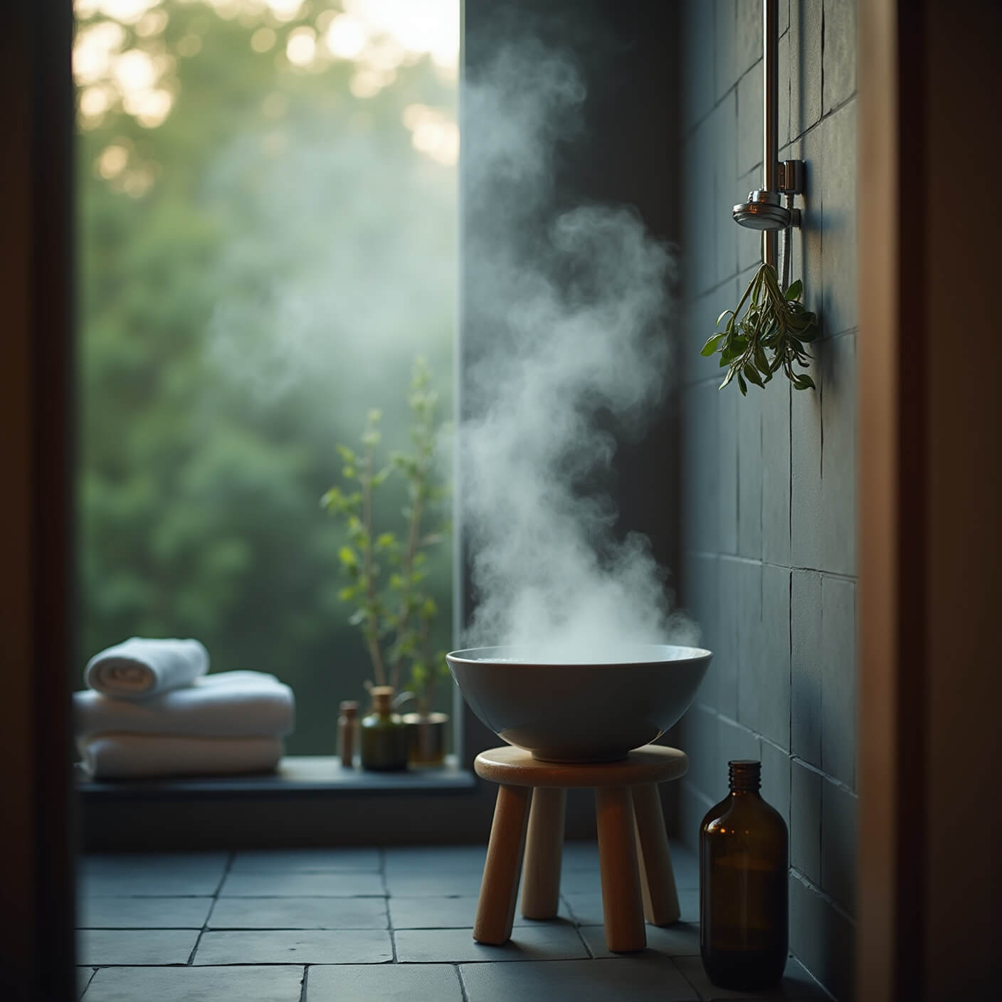 Contemporary bathroom with slate-tiled walk-in shower, eucalyptus branches, steaming ceramic bowl on wooden stool, and soft towels, all enveloped in dreamy steam and moody green-gray tones.