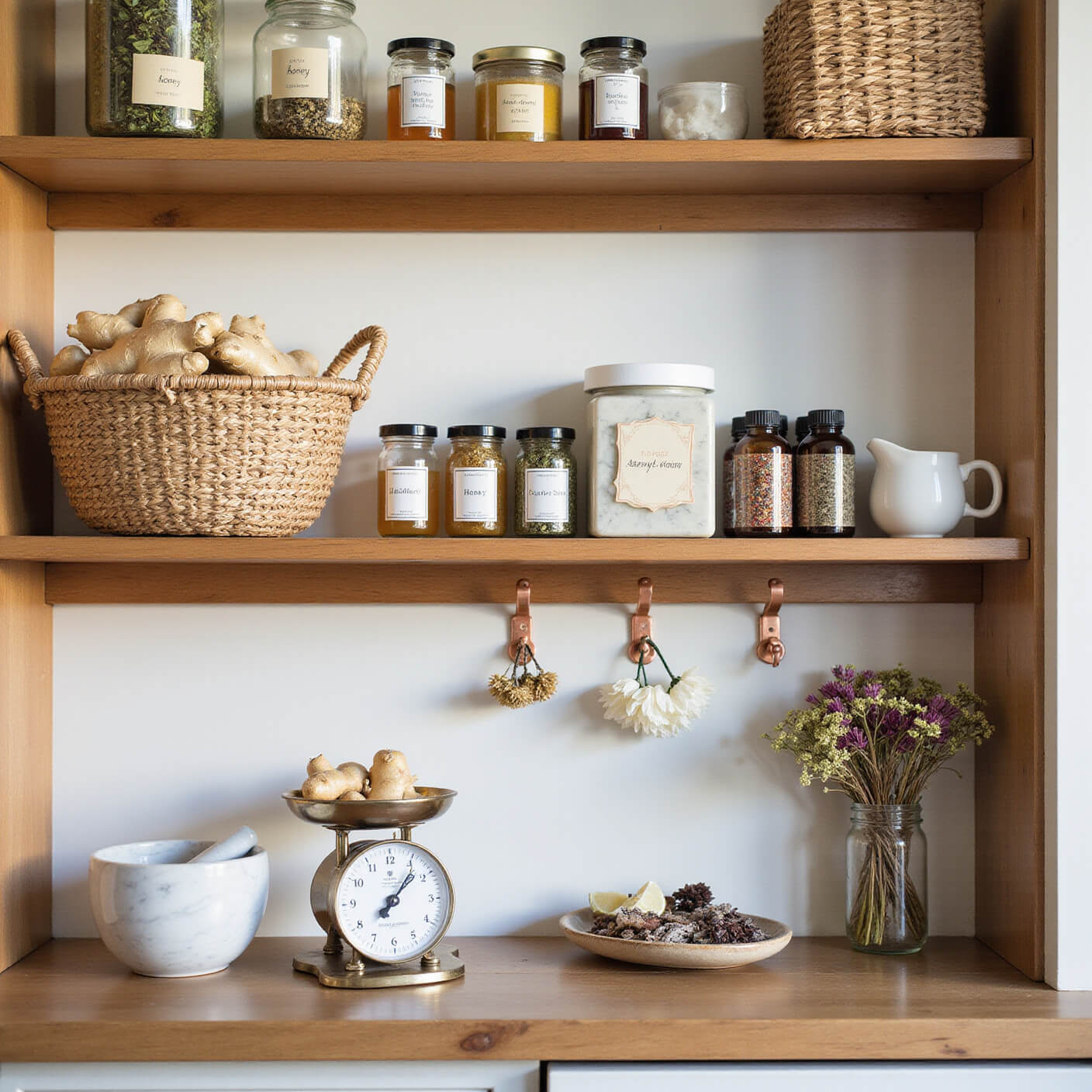 Organized natural wellness pantry with wooden shelves holding labeled jars of herbs, honey, and tea, a vintage scale with ginger, baskets of essential oils, hanging dried flowers, and a marble mortar and pestle in soft morning light.