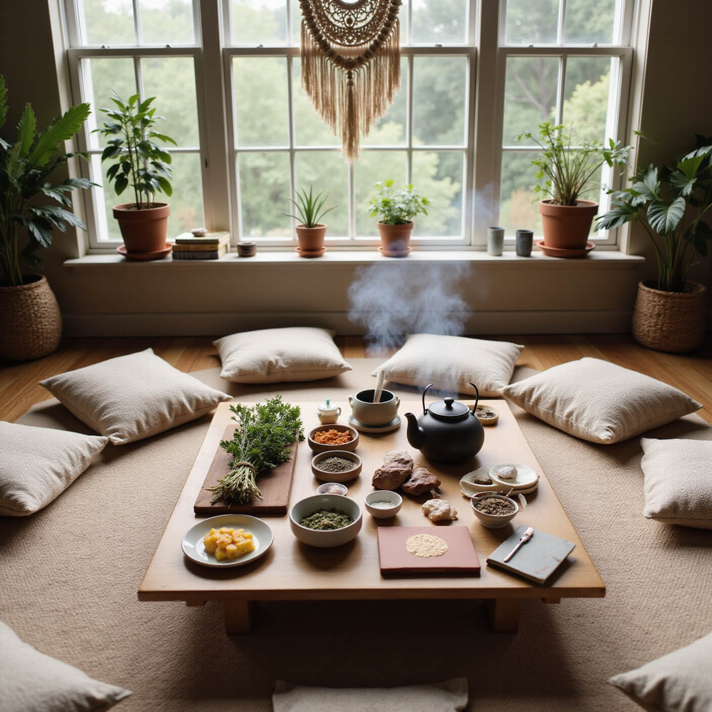 Bohemian living space during a healing ritual, with floor cushions around a low wooden table set for a tea ceremony, surrounded by herbs, honey, spices, crystals, wellness books, macramé wall hanging, and potted plants, bathed in midday natural light.