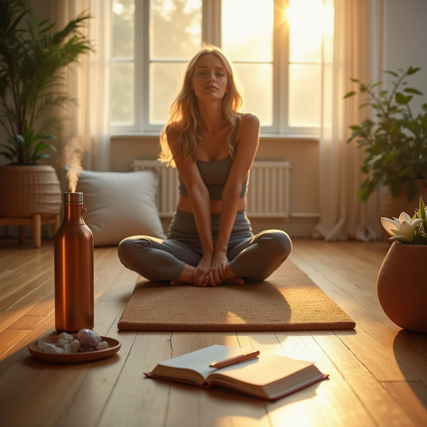 Woman stretching on cork yoga mat in sunlit home yoga space at dawn, surrounded by wellness items like copper water bottle, diffuser, and crystals, with warm golden light and bamboo flooring.
