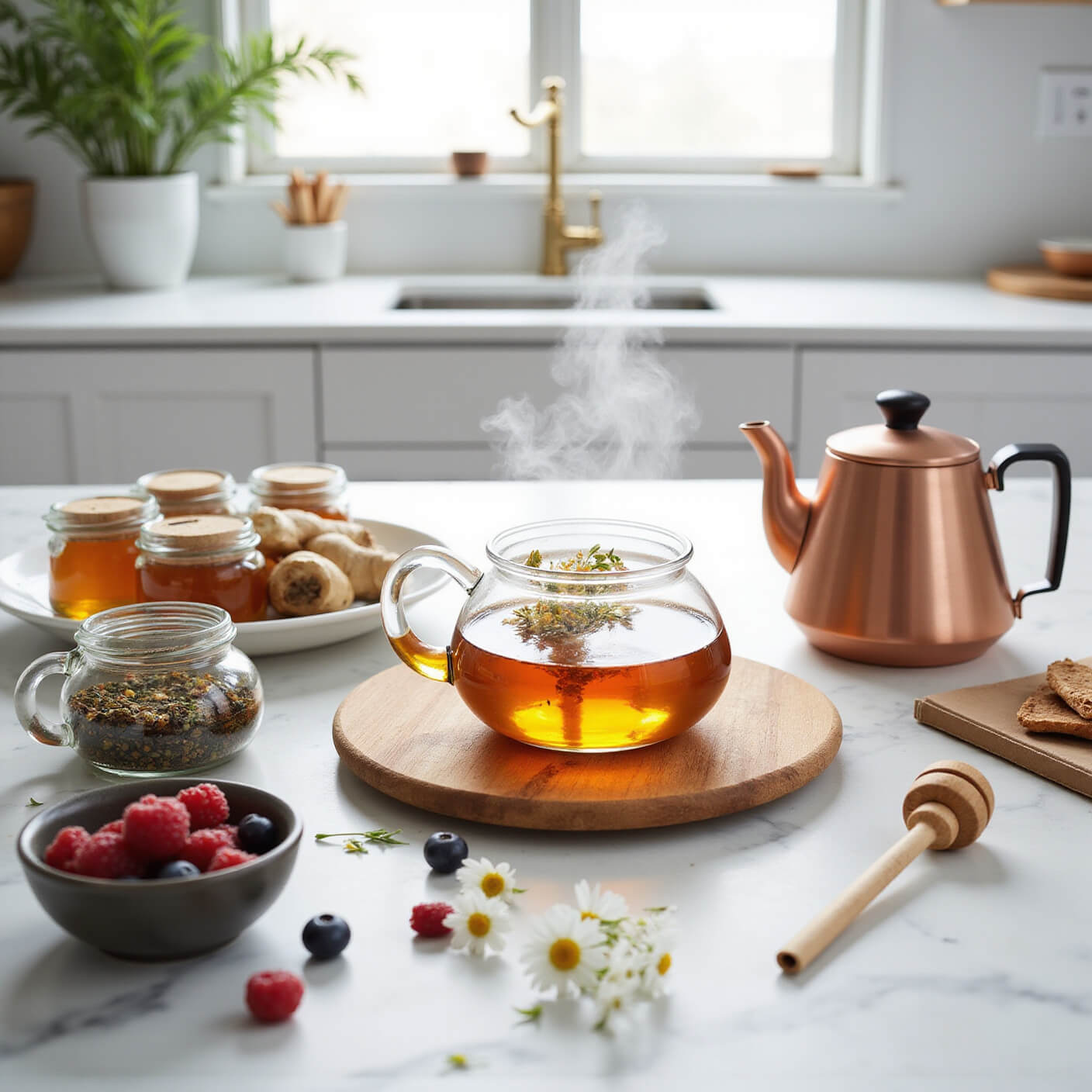 Modern kitchen with white marble counters featuring a tea station with steaming glass teapot, jars of herbs and spices, fresh berries, copper kettle, honey dipper, and mindfulness journal, lit by natural midday light.