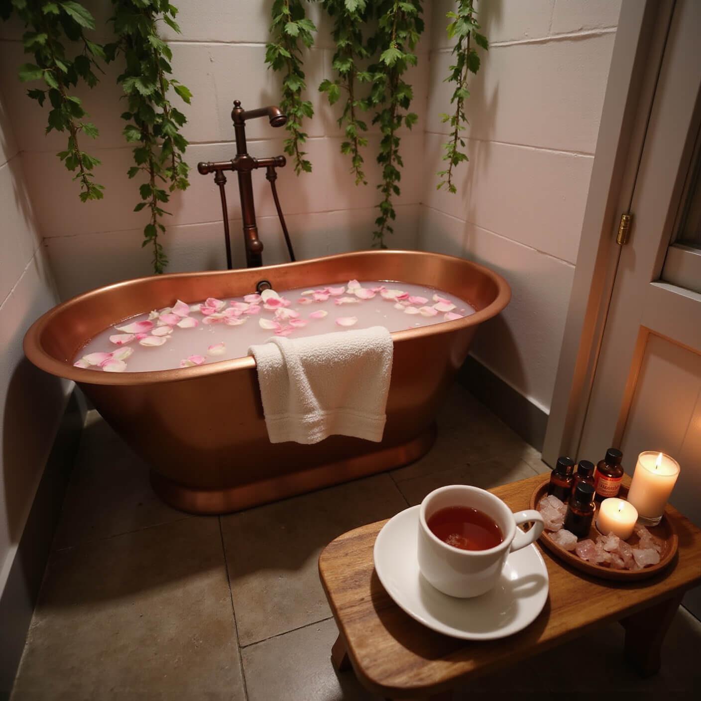 Cozy self-care corner with copper bathtub filled with rose-petal water, eucalyptus branches, stone tiles, wooden bath caddy with oils, Himalayan salt crystals, steaming tea, and soft candlelight.