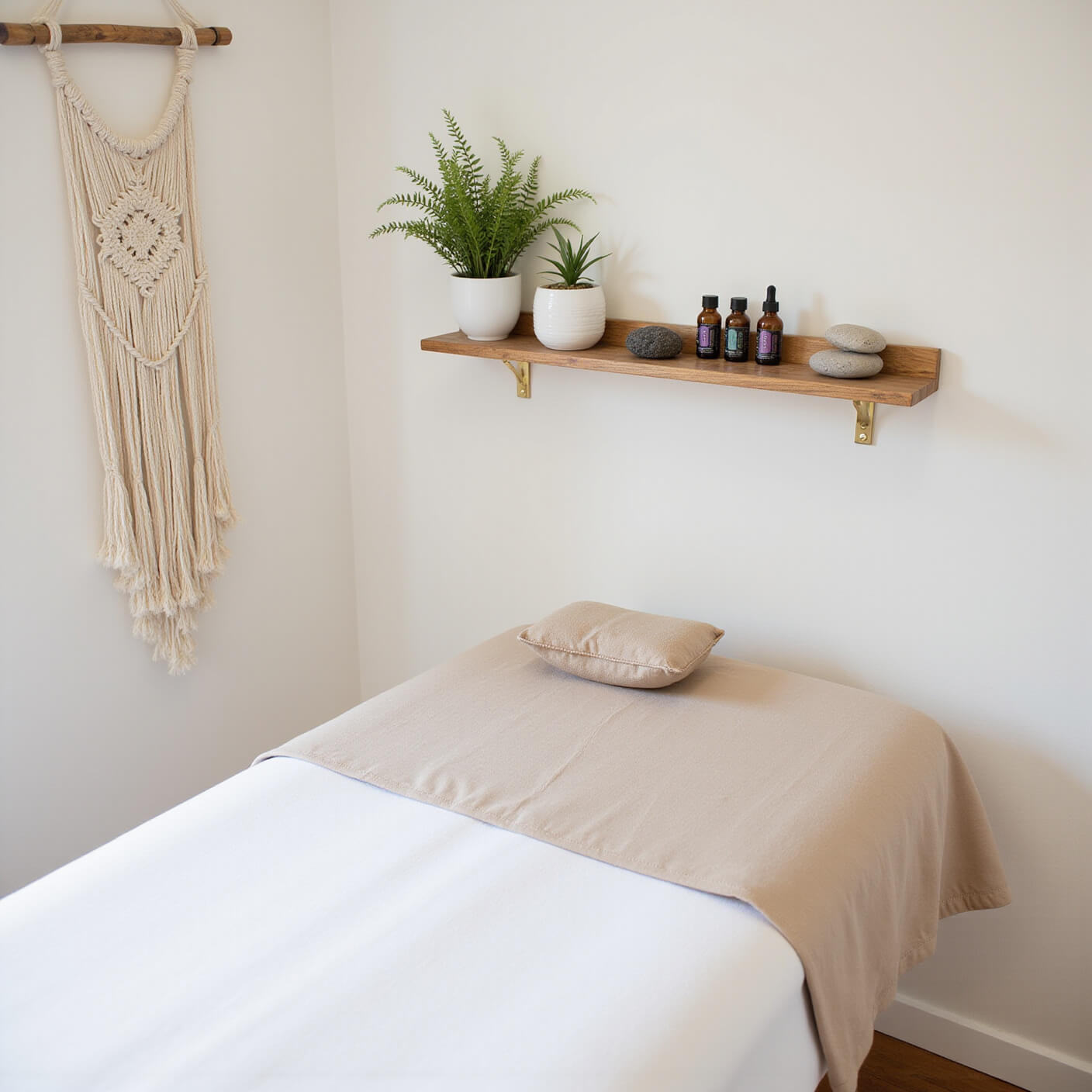 A cozy, sunlit bedroom corner with a massage table covered in organic cotton sheets, essential oils, massage stones, a heating pad, macramé decor, and potted herbs, viewed from above.