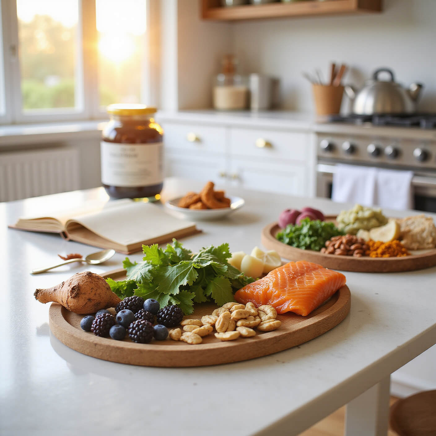 Golden hour photo of a clean white kitchen island with vibrant berries, leafy greens, turmeric root, salmon, and mixed nuts on wooden boards; glass jars, supplements, and a wellness notebook add depth.