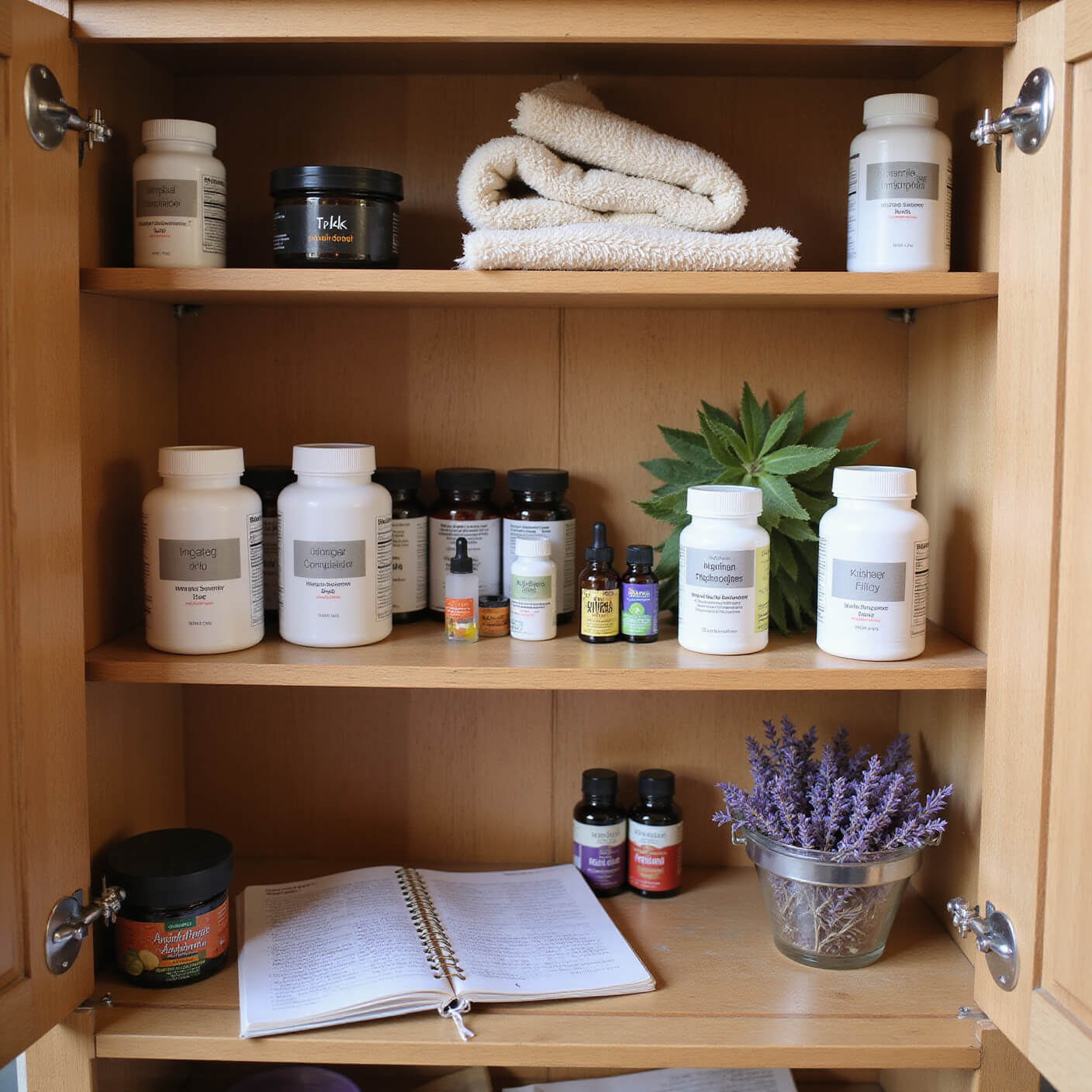 Organized wellness cabinet with wooden shelves holding labeled remedies, essential oils, therapeutic tools, a wellness journal, and dried lavender bundles, bathed in warm evening light.