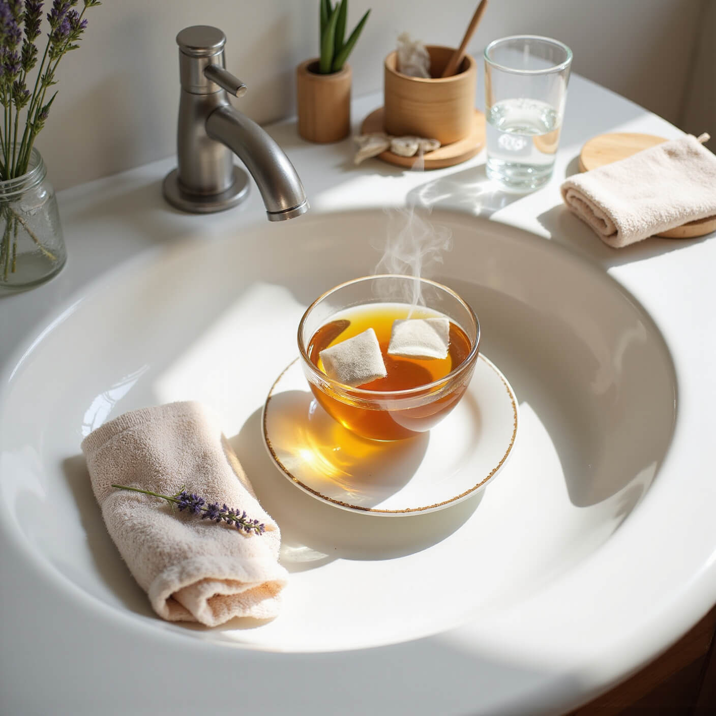 Overhead view of a serene bathroom vanity with a white porcelain sink, a glass bowl of steaming chamomile tea, spent tea bags on a ceramic plate, organic cotton washcloths, a bamboo toothbrush holder, a water glass, and healing botanicals like lavender and aloe in soft afternoon light.