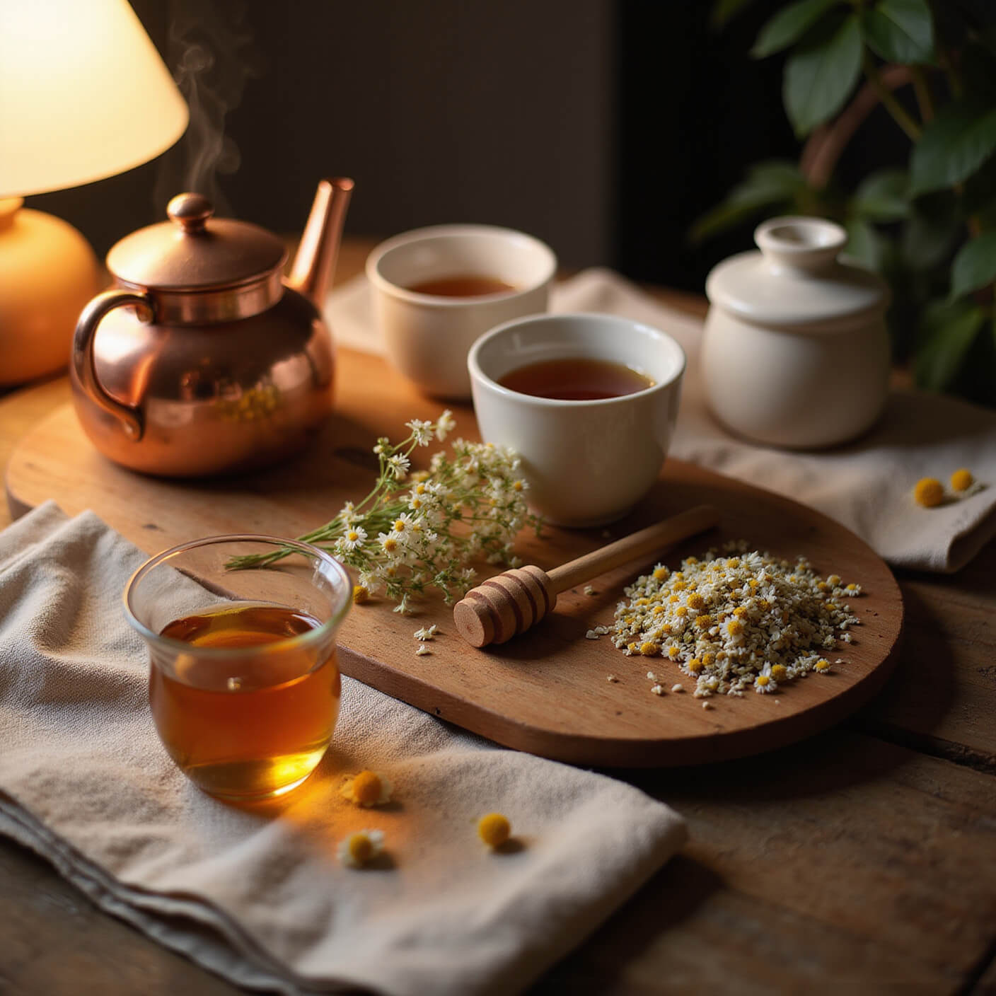 Cozy evening self-care setup with steaming copper kettle, chamomile flowers, honey jar, and ceramic tea cups on a wooden tray under warm lamp light.