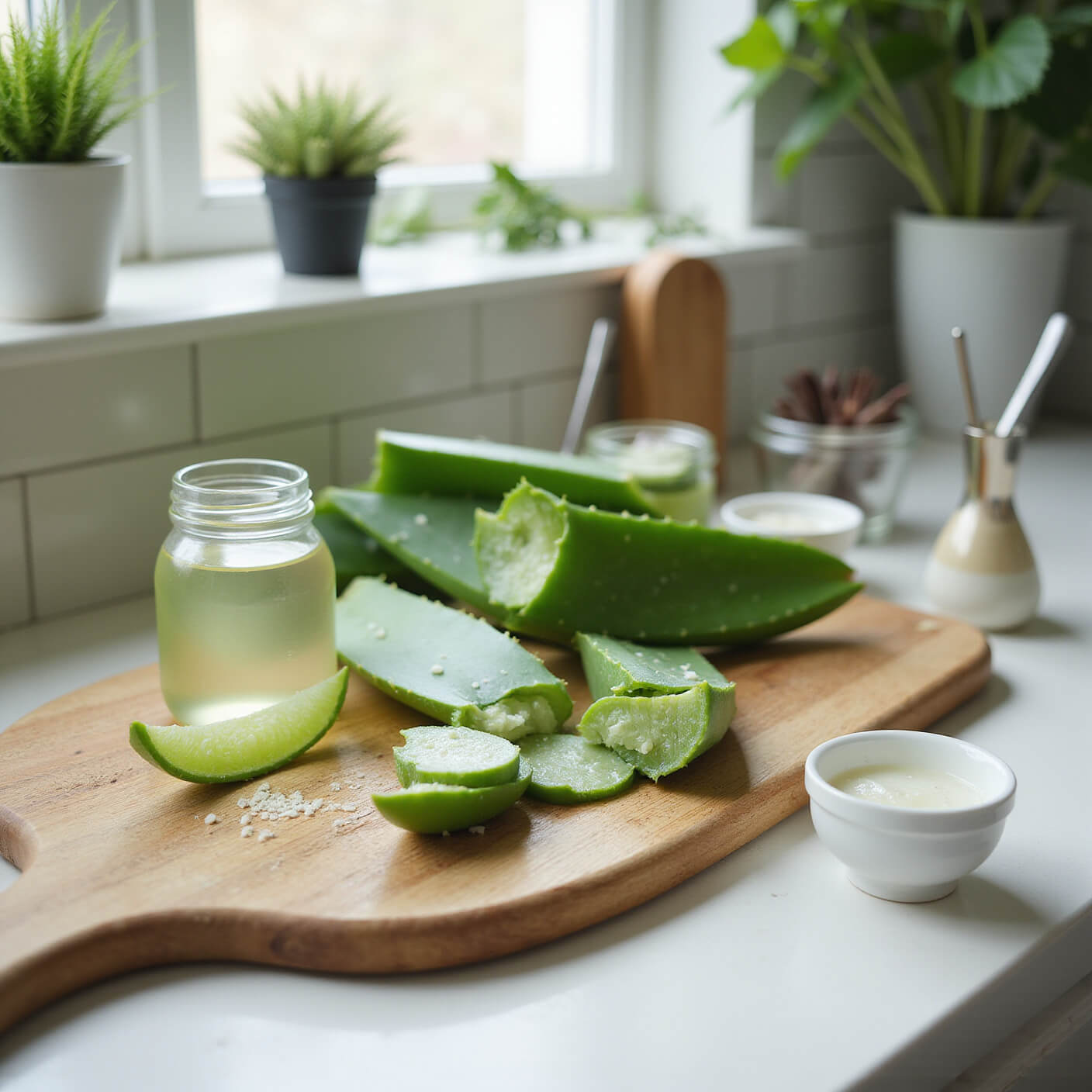 Fresh aloe vera being prepared on a bright kitchen counter with cut leaves, clear gel, glass jars, and potted plants in morning light.