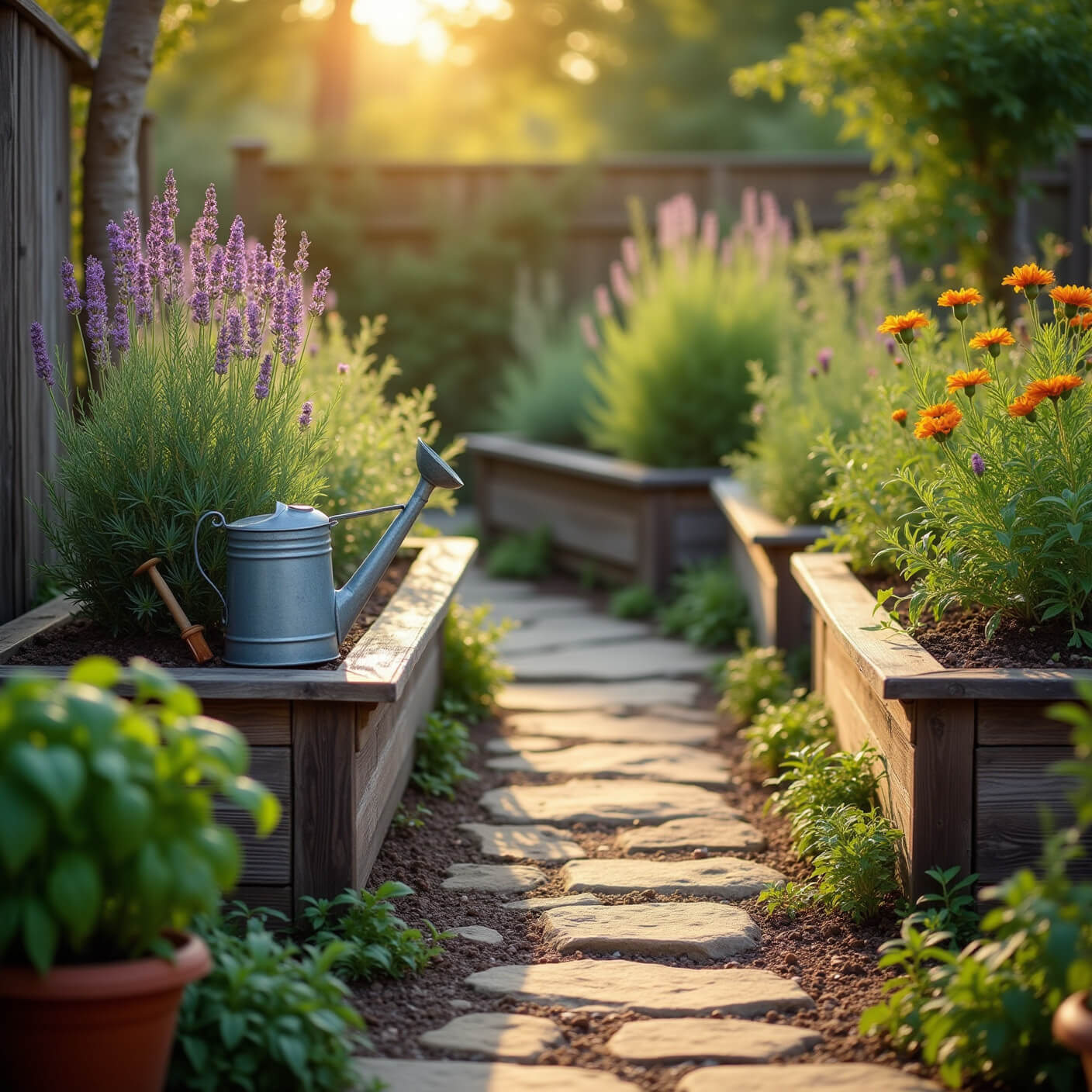 Sunlit herb garden with raised wooden planter boxes of lavender, rosemary, and marigolds, stone path, vintage watering can on a bench, and terracotta pots of basil, bathed in warm golden hour light.