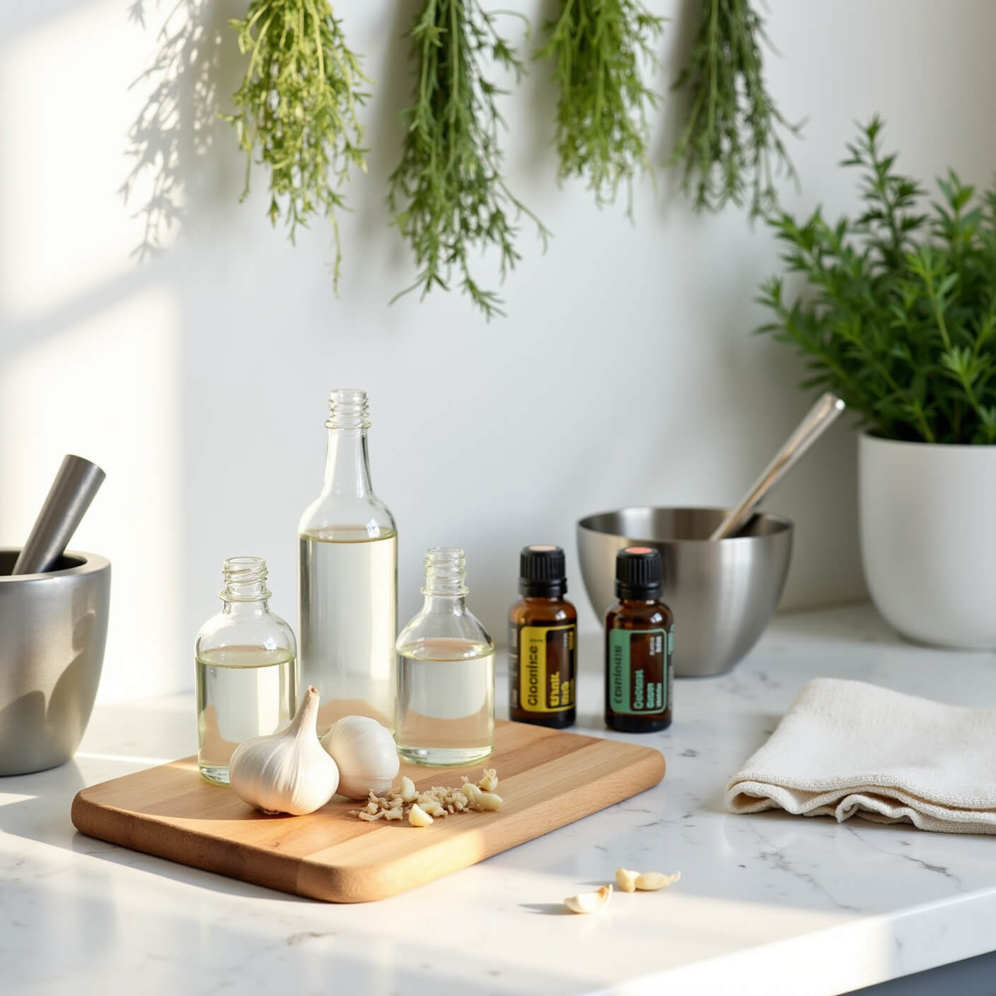 Modern farmhouse kitchen counter with natural mosquito repellent setup: glass spray bottles, fresh garlic, essential oils, herb bundles, and mortar and pestle on a bright marble surface.