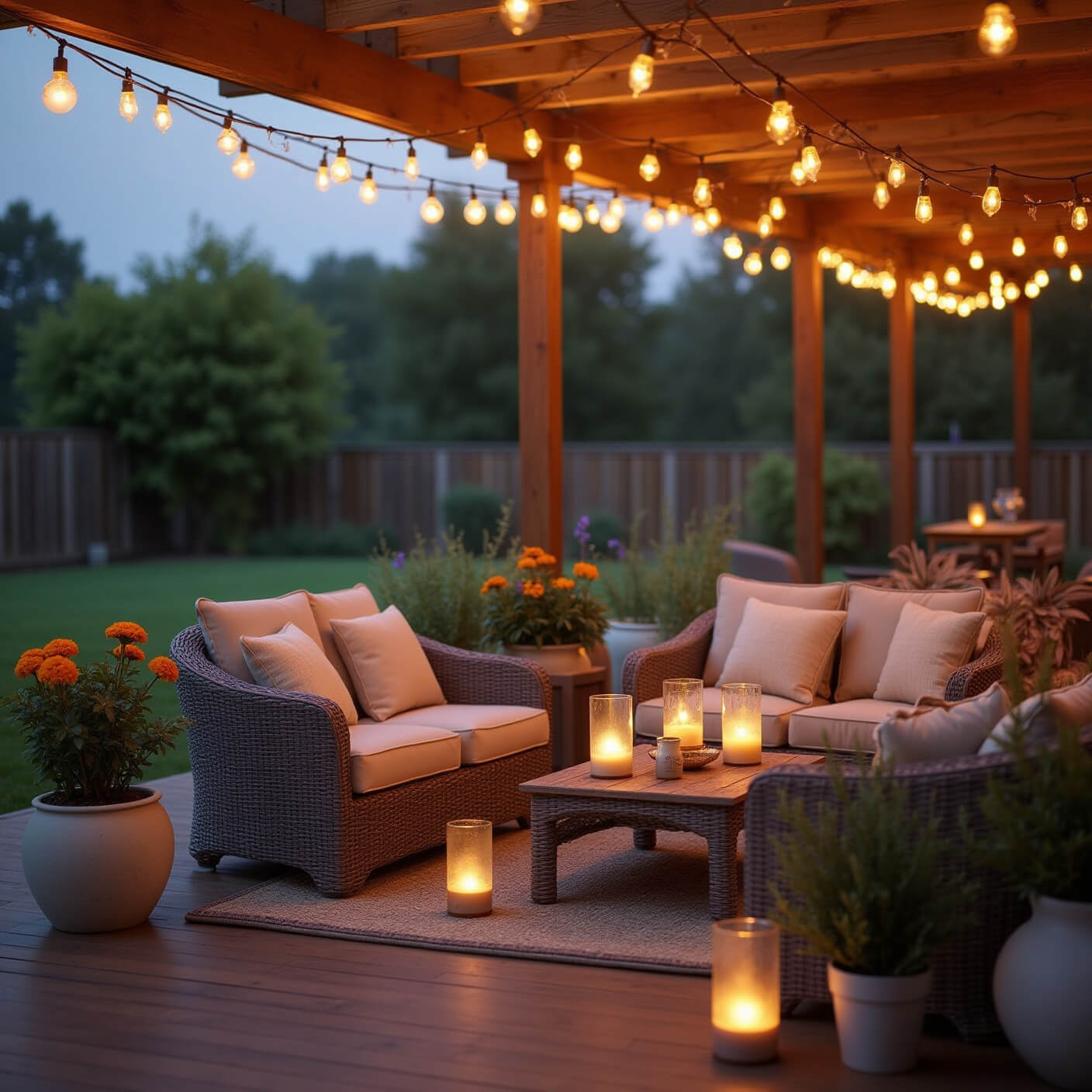 Cozy dusk patio with string lights, citronella candles, essential oil diffuser, comfy seating with throws, and potted marigolds and lavender on wooden decking.