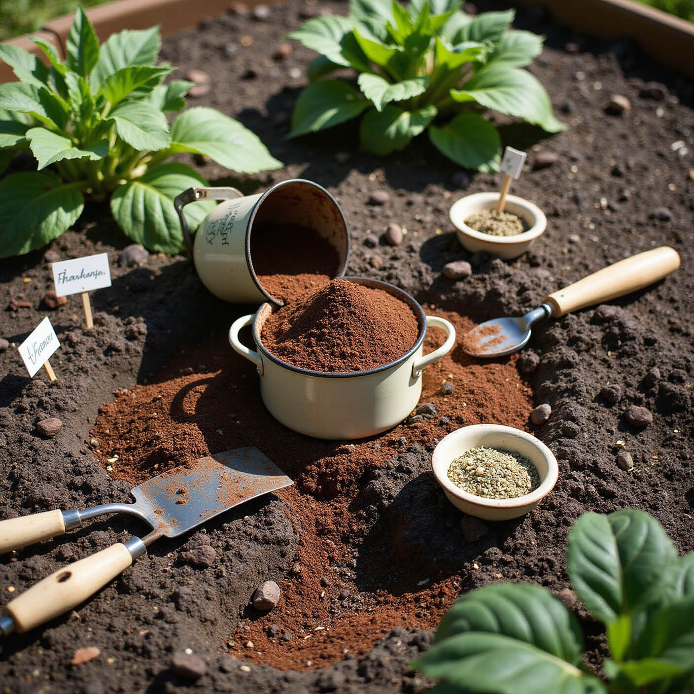 Eco-friendly garden workspace in soft afternoon light with vintage enamel container of used coffee grounds, rich soil, green plants, scattered tools, handwritten plant markers, and ceramic bowls of dried herbs.