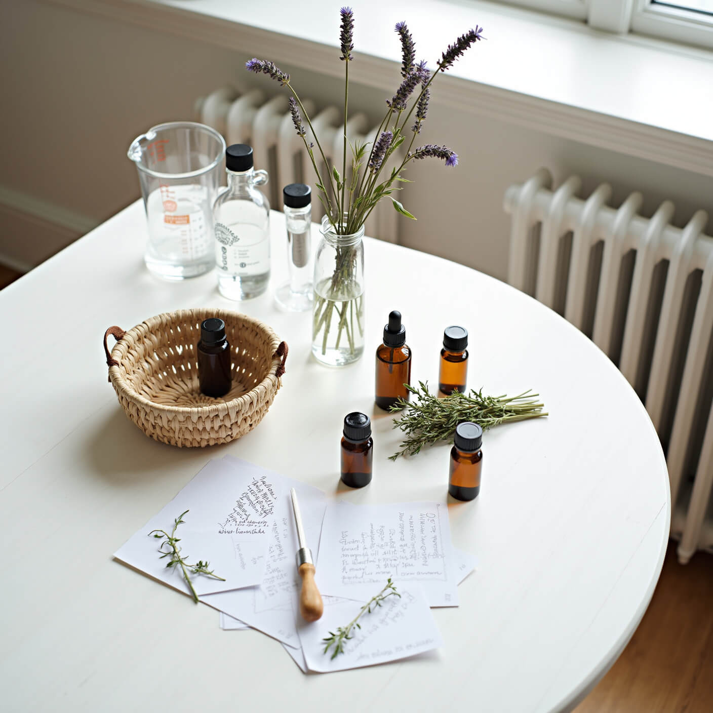 Overhead view of a bright home apothecary with amber essential oil bottles, glass tools, spray bottles, handwritten recipe cards, fresh herbs, and a basket of dried lavender on a white wooden table.
