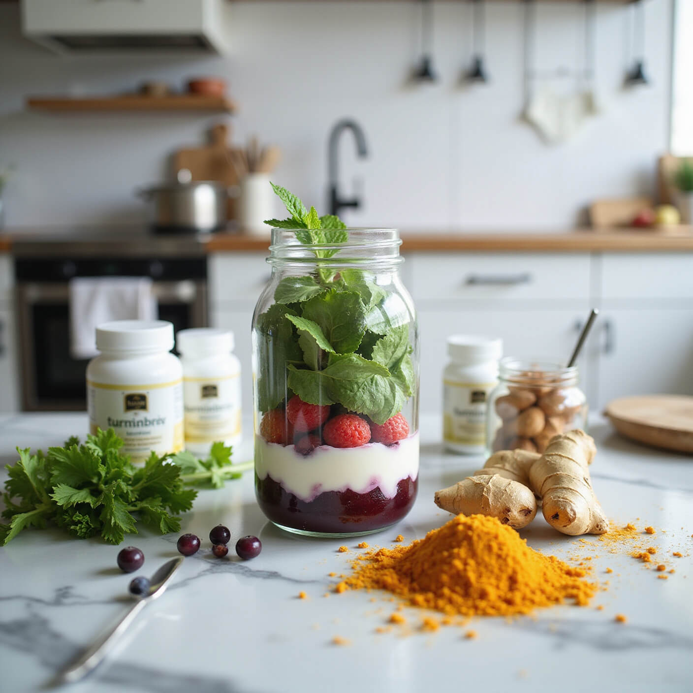 Close-up of a modern kitchen counter with a blender of greens, berries, and yogurt, surrounded by turmeric, ginger, almonds, leafy greens, supplement bottles, and a glass straw on a marble surface in morning light.