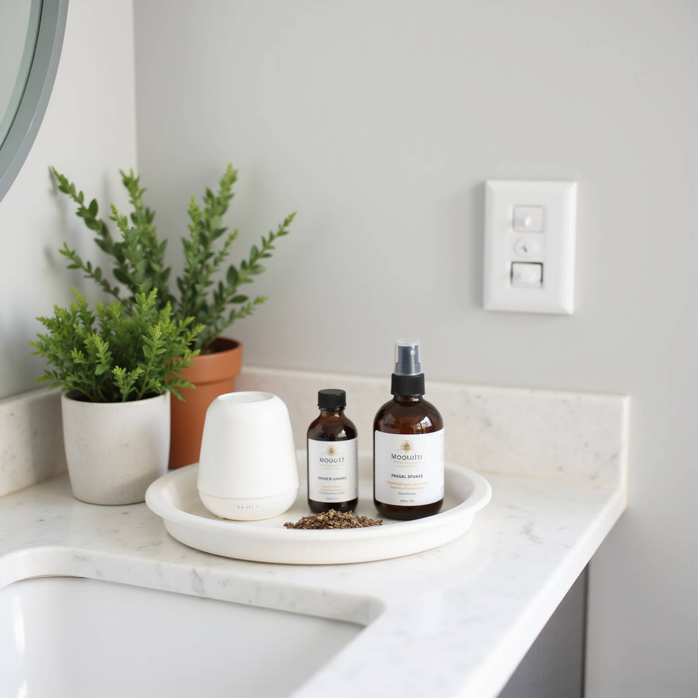 Minimalist bathroom counter with white tray holding natural mosquito repellent skincare items, diffuser, dried herbs, and lotion on light marble surface with soft lighting and plant accents.