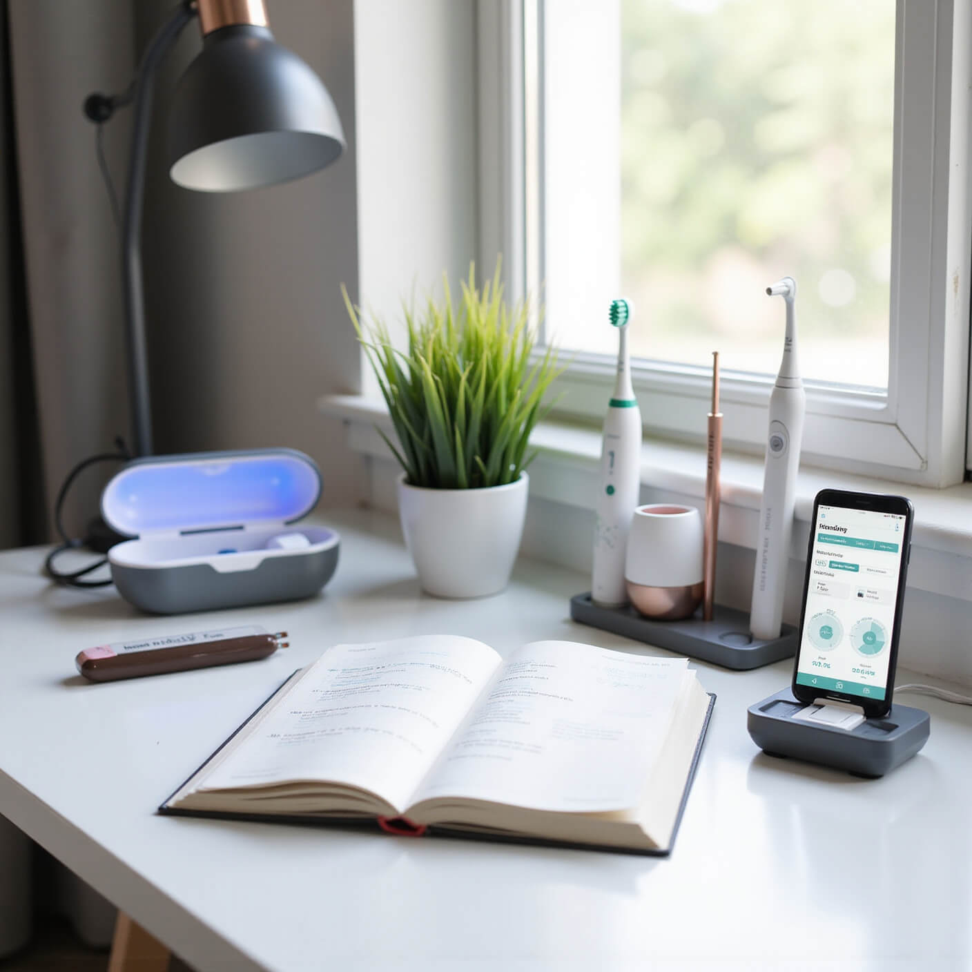 Minimalist home office desk with smart dental care devices, journal, water bottle, and plant in soft afternoon light, featuring a cool gray and white palette with rose gold accents.
