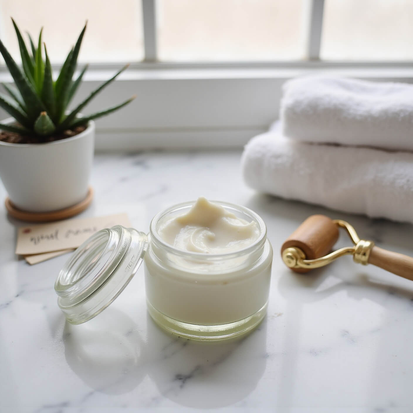 Glass jar of silky night cream on white marble counter with wooden facial roller, cotton towels, potted aloe, and handwritten recipe card in soft dawn light.