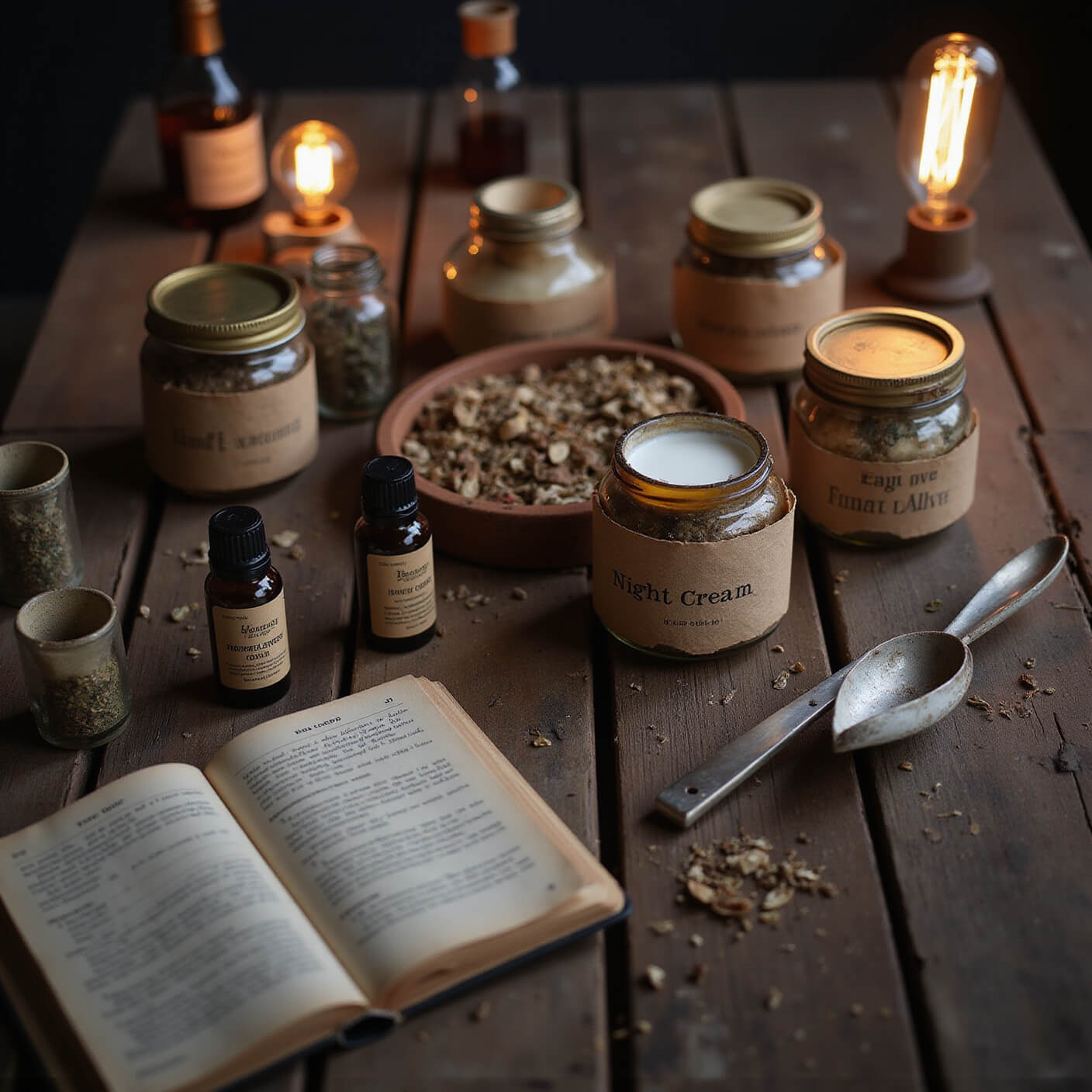Rustic wooden table at dusk with night cream jars, kraft labels, dried herbs, essential oils, vintage spoons, and an open weathered recipe book under warm Edison bulb light.