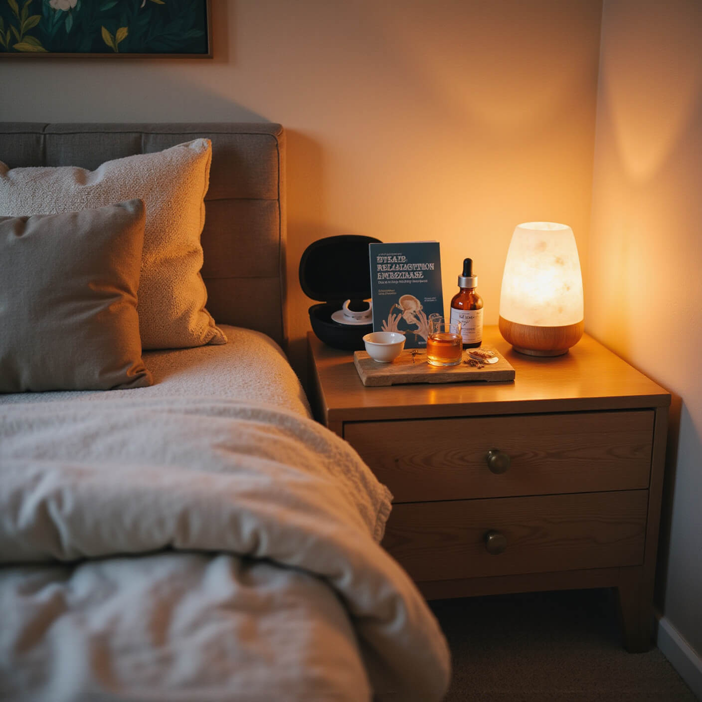 Cozy bedroom corner at sunset with meditation cushion, small table holding dental care items, Himalayan salt lamp, calming artwork, weighted blanket, and aromatherapy diffuser in warm, natural tones.