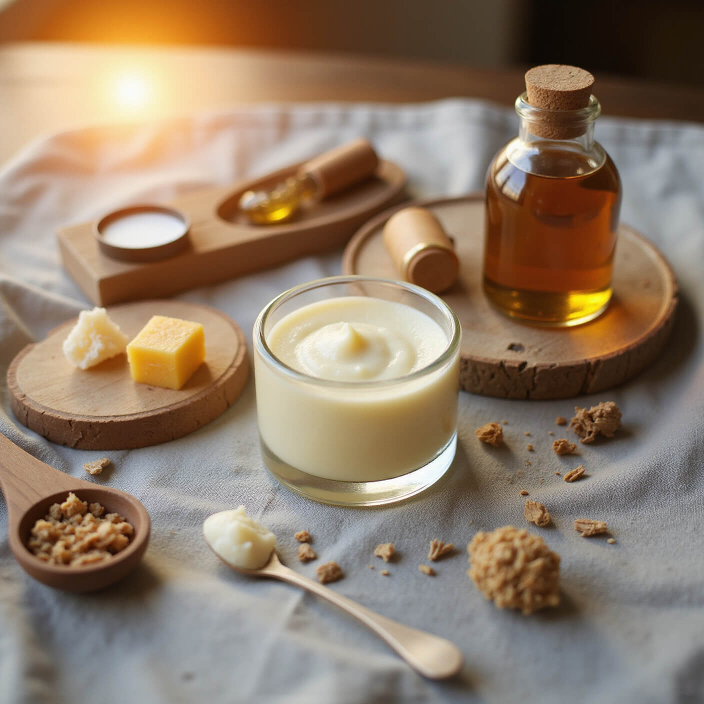 Clear glass jar of night cream centered on pale grey linen, surrounded by beeswax crystals, vintage oil bottles, and dried botanicals, photographed during golden hour with soft lens flare.