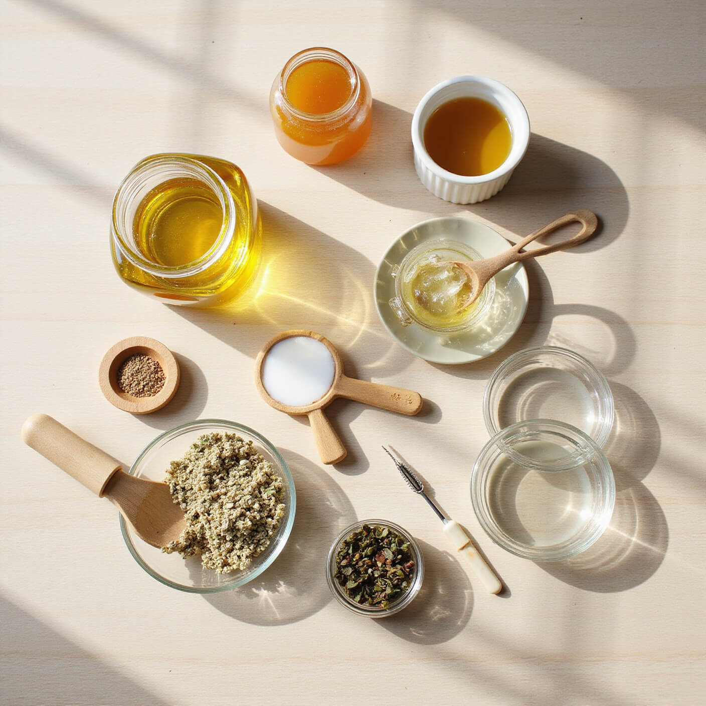 Overhead view of budget-friendly natural ingredients like almond oil, local beeswax, and dried herbs in mason jars on light wood, with simple kitchen tools and soft morning sunlight.