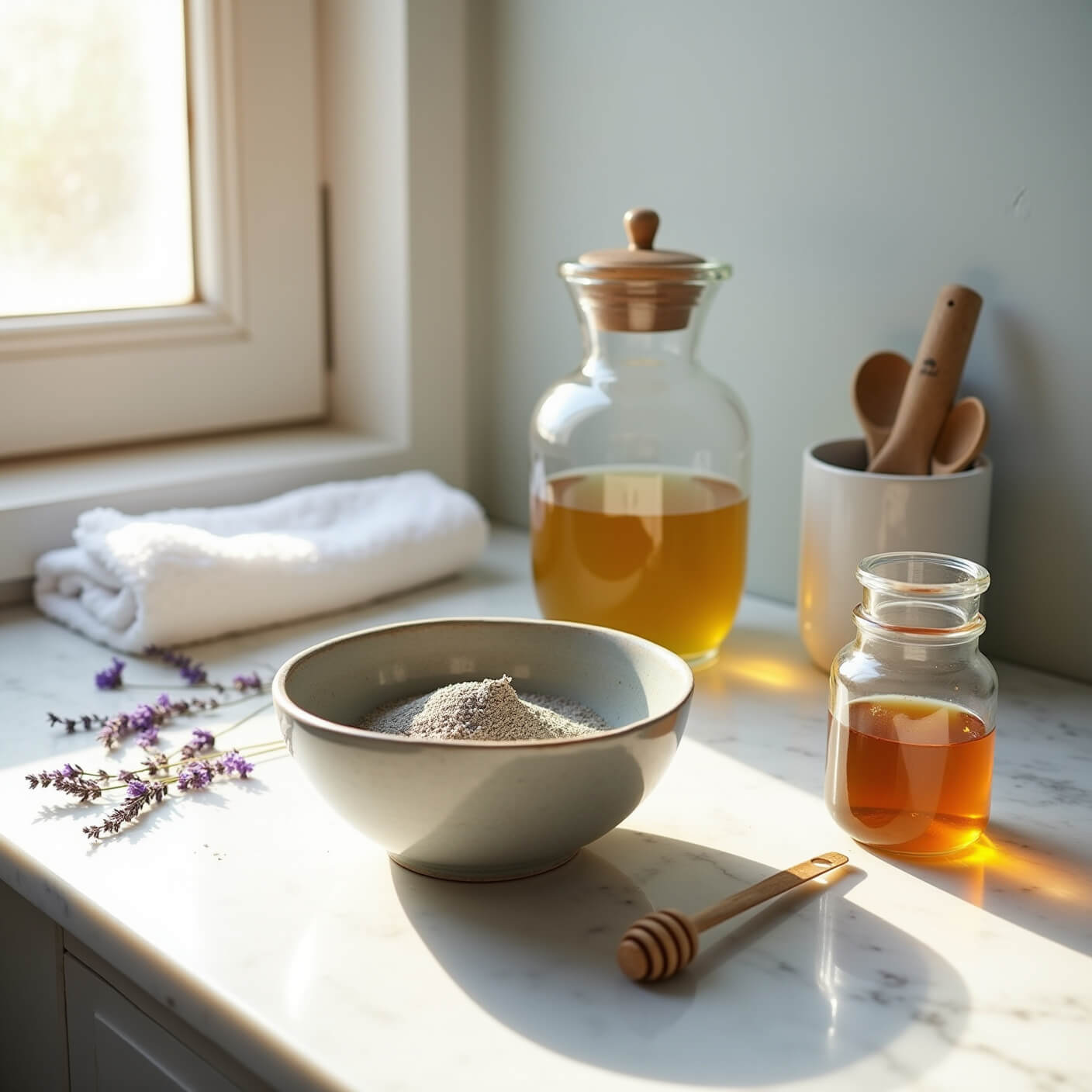 Overhead view of a bright bathroom counter with a clay mask setup, featuring a ceramic bowl of bentonite clay paste, raw honey jar, water pitcher, measuring spoons, dried lavender, white towels, and a moisture meter in natural morning sunlight.