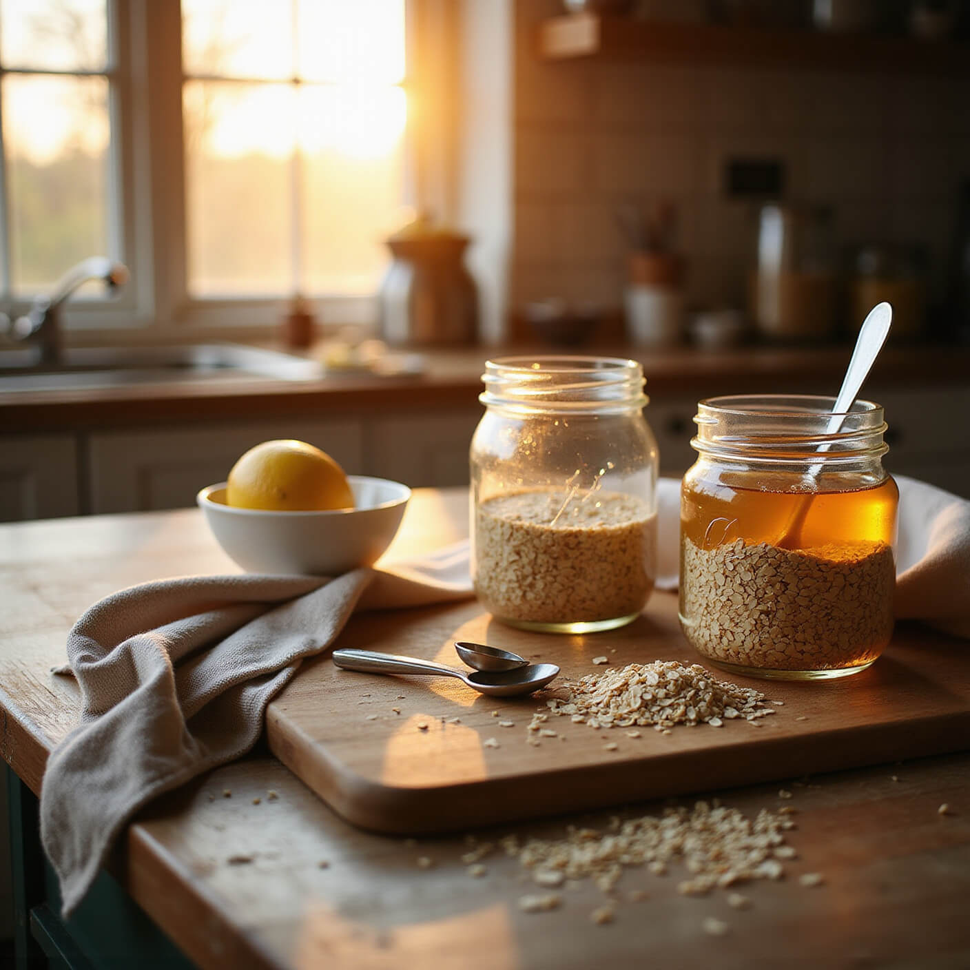 Rustic kitchen during golden hour with oatmeal, honey, lemons, and organic ingredients on a wooden board, captured with shallow depth of field.