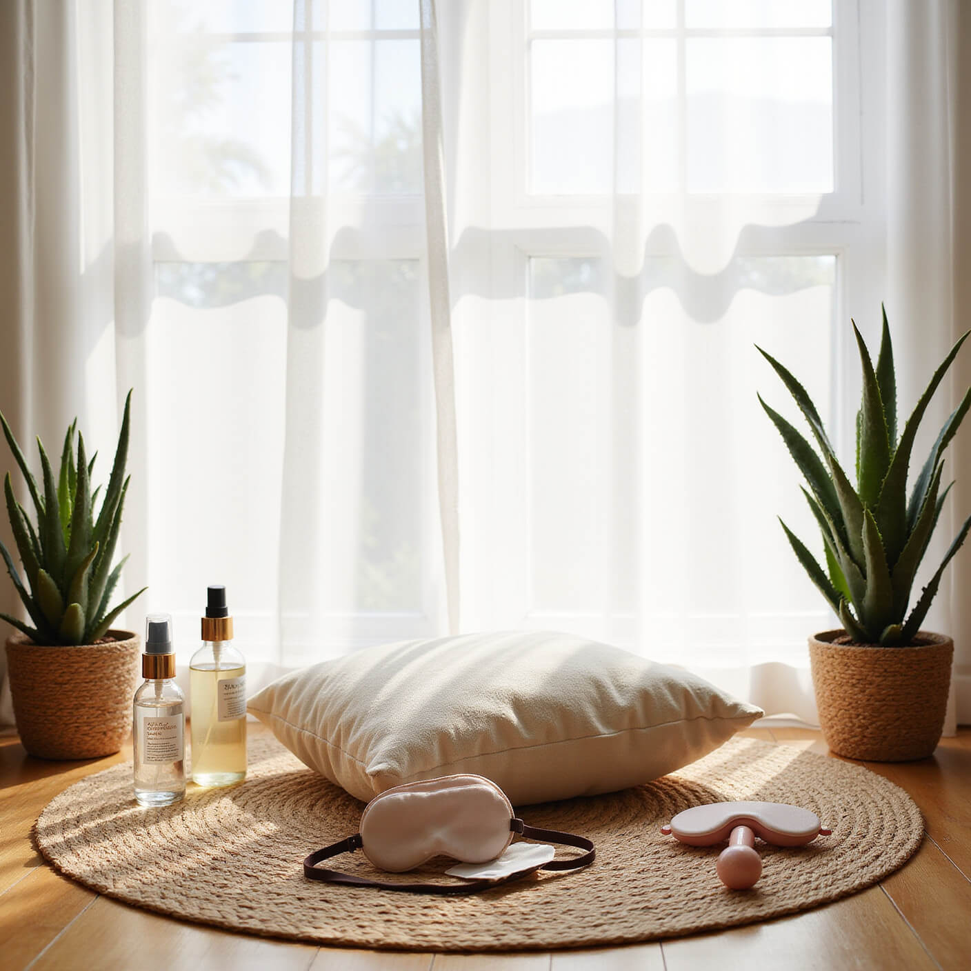 Sunlit bedroom meditation corner with cream cushion on jute rug, surrounded by potted plants, crystal water bottle, facial mist, rose quartz roller, and silk sleep mask under sheer white curtains.