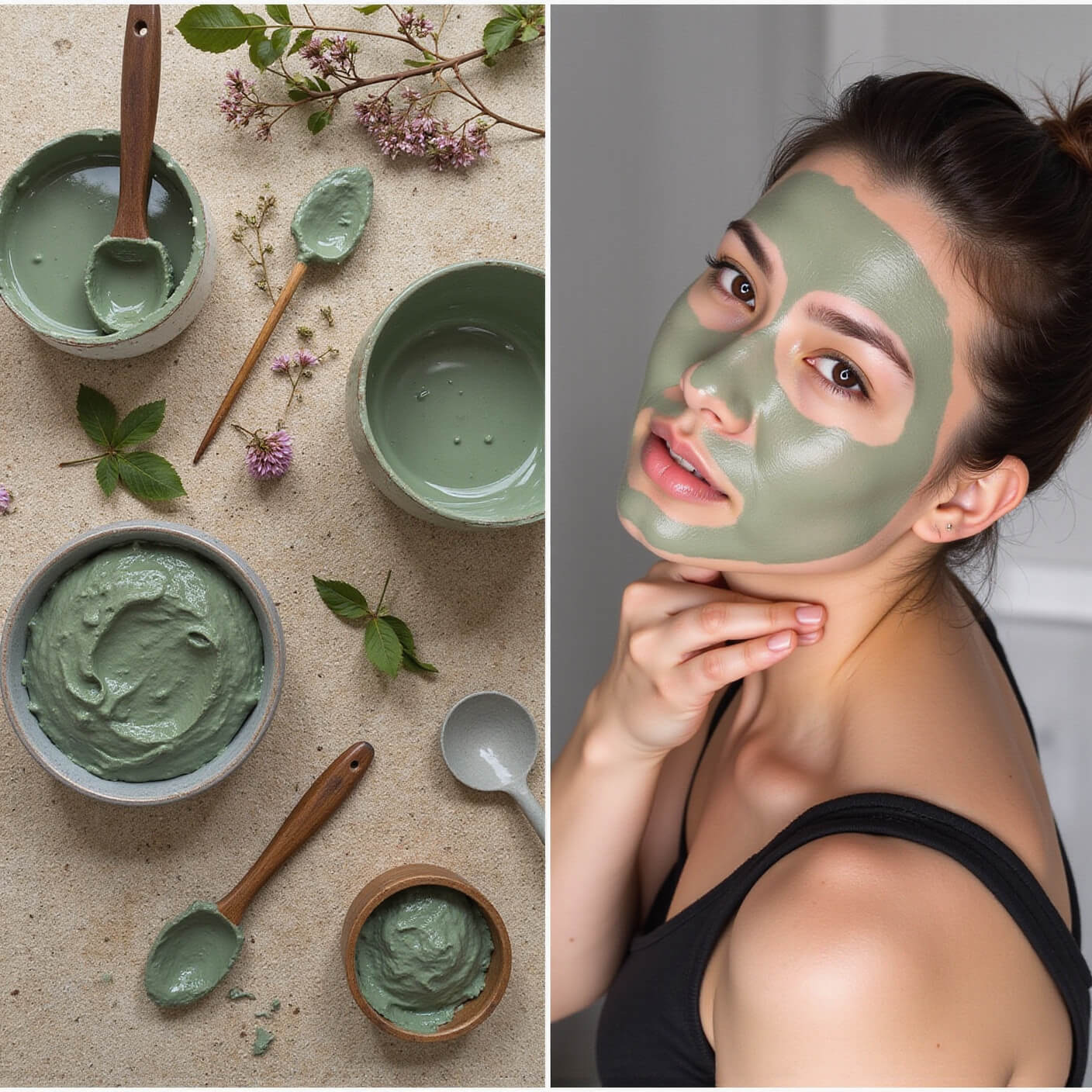 Split-screen of earthy spa bathroom scene showing before-and-after closeups of skin with natural clay mask results; french green clay, rose water, mixing tools on textured stone surface, eucalyptus branches, and dried flowers.
