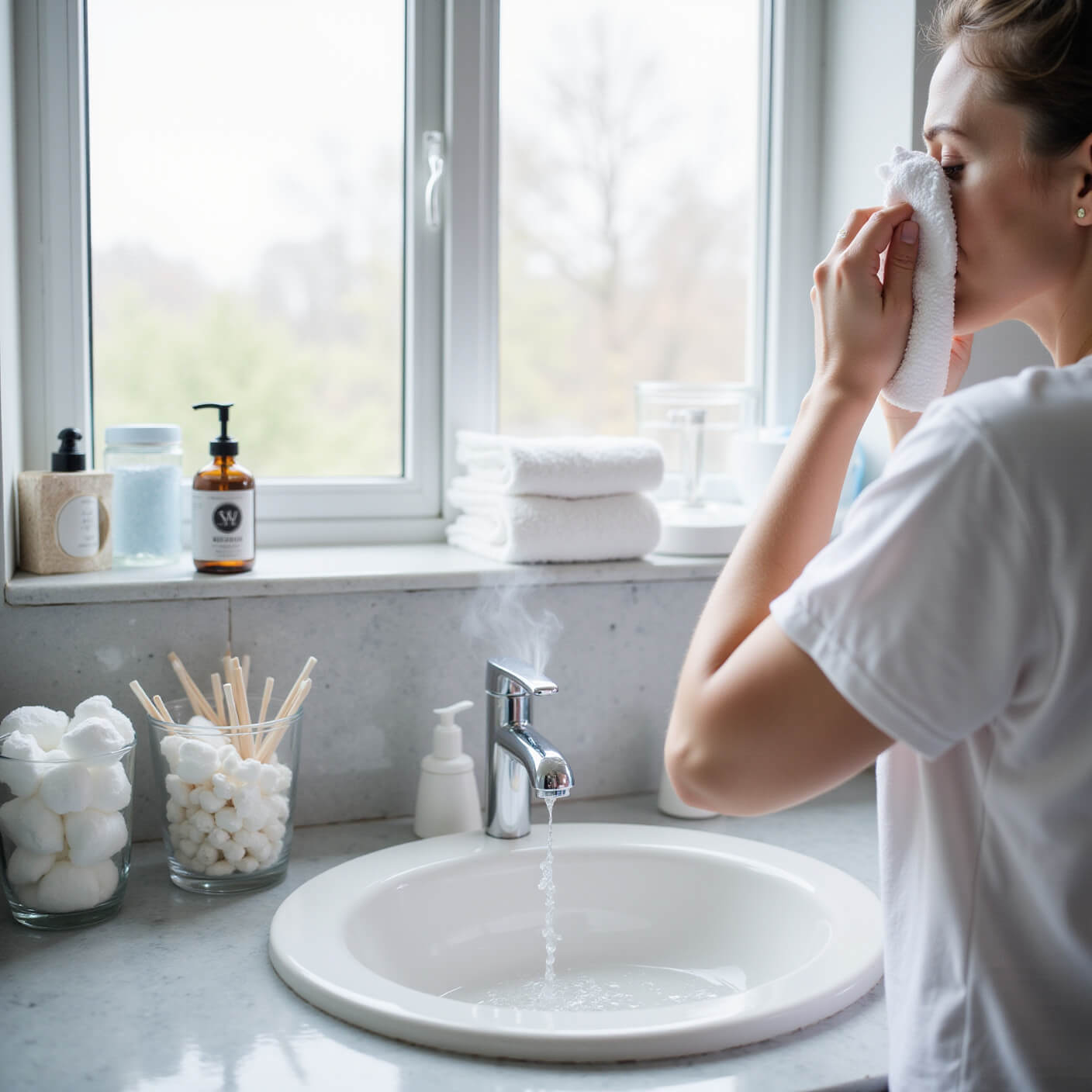 Person applying warm white washcloth to eye in bright bathroom with marble countertop, wellness items, and natural morning light.