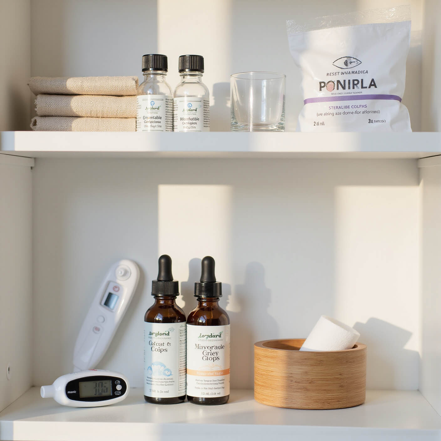 Modern home medical station with neatly arranged eye care supplies, including eye drops, sterile compresses, and medical tools, bathed in late afternoon sunlight through sheer curtains.