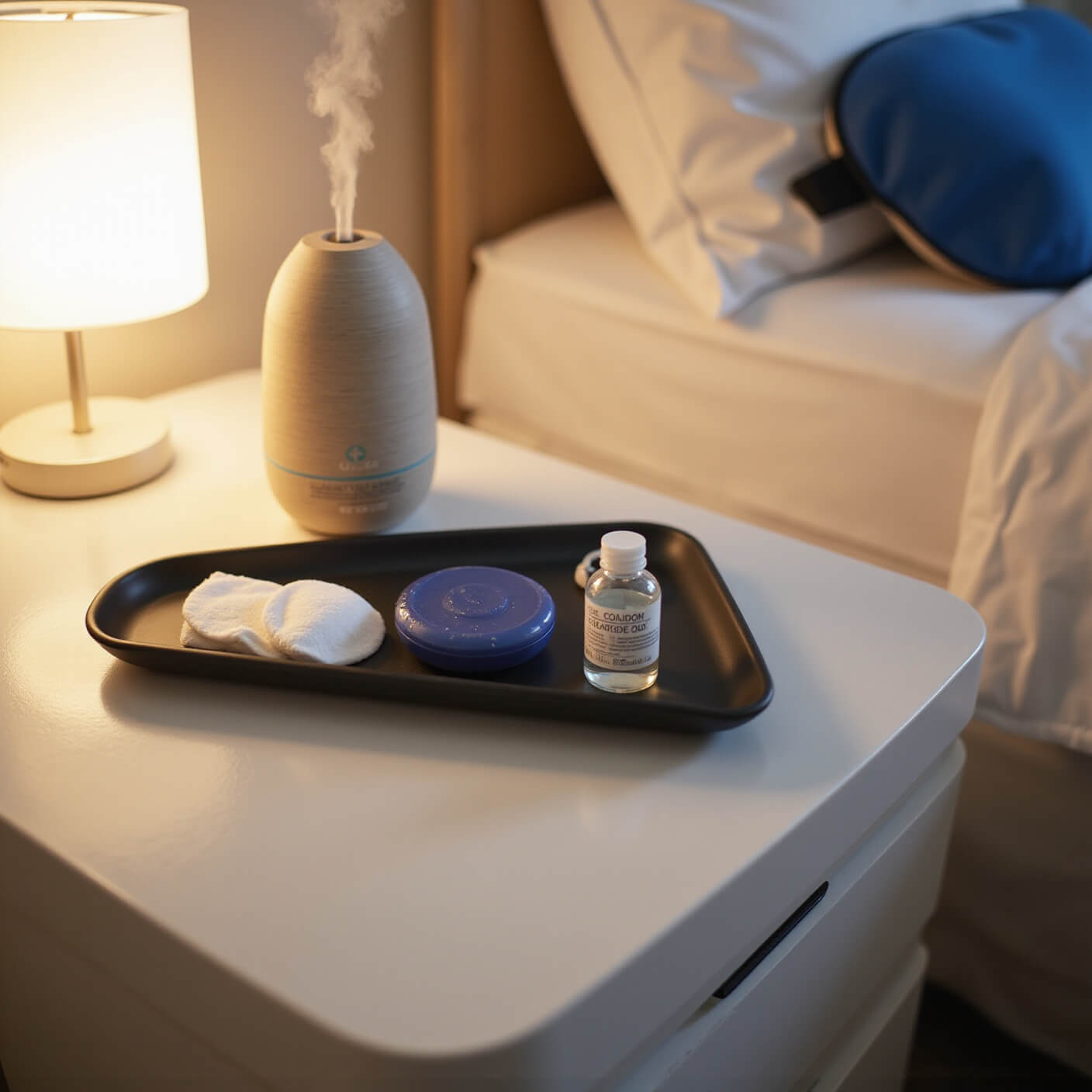 Minimalist bedside with white nightstand featuring an essential oil diffuser, matte black tray holding eye care items, warm lamp glow, and a blue silk eye mask.