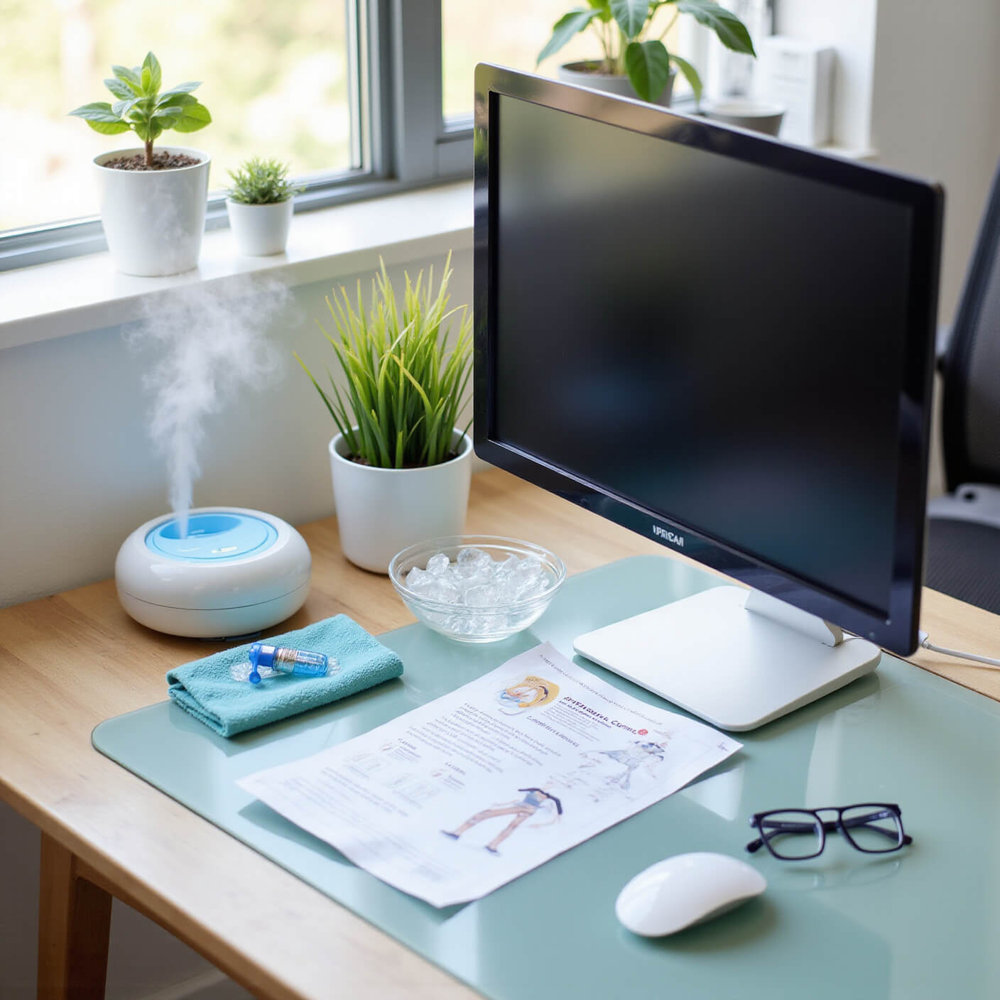Top-down view of a bright home office with anti-glare screen, humidifier mist, cooling eye drops, microfiber cloths, eye exercise chart, plants, and blue light glasses on a glass desk.