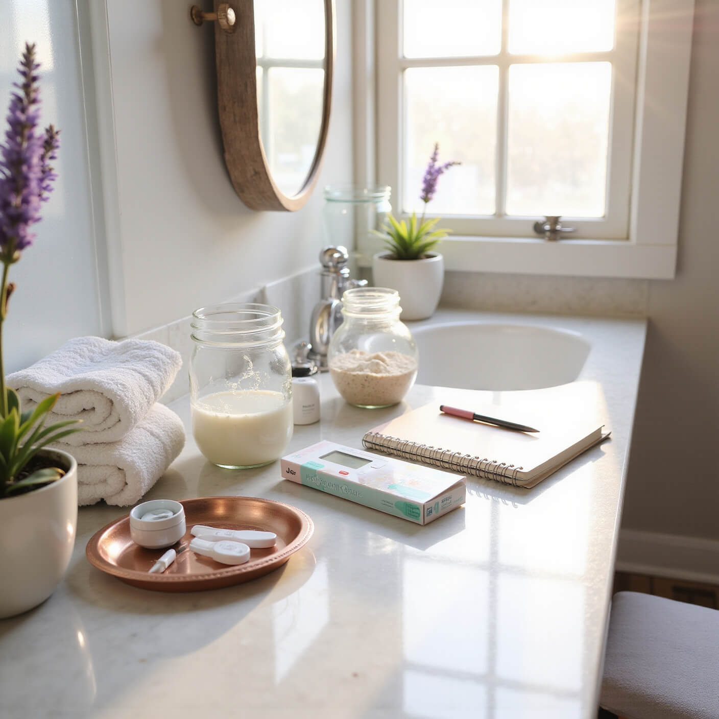Sunlit modern bathroom counter at golden hour with organized pregnancy testing items, mason jars, baking soda, digital test, fresh towels, lavender, and a journal on a rose gold tray.