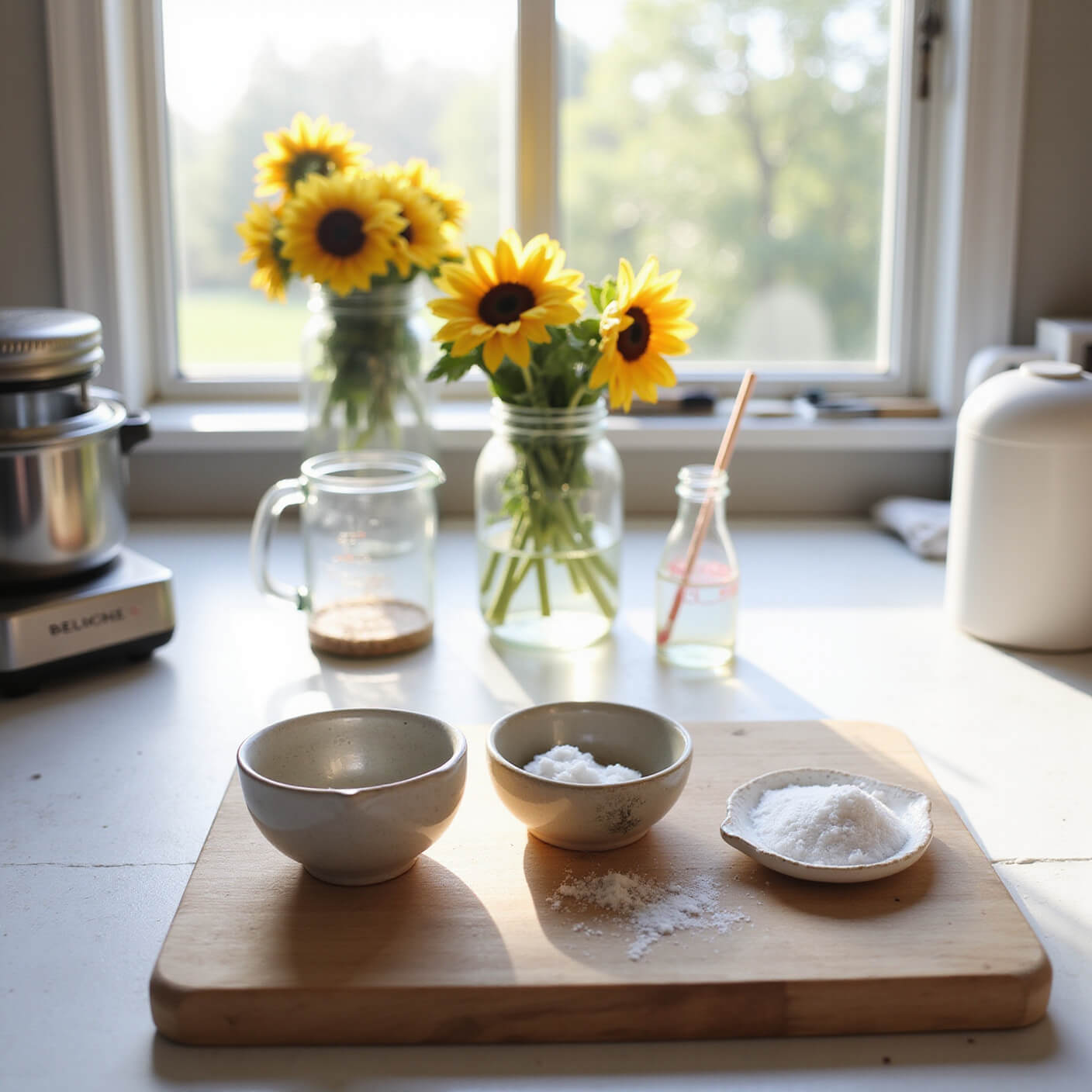 Sunlit farmhouse kitchen with vintage bowls of measured sugar, modern medical testing equipment, glass measuring cups, and fresh flowers on a wooden cutting board.