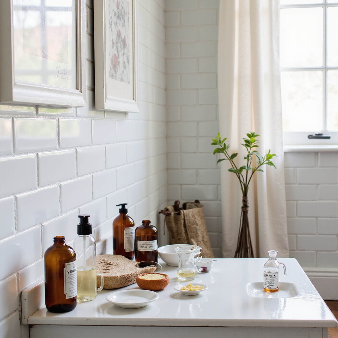 Early morning master bathroom with vintage apothecary style; antique vanity displays vinegar-based tests, modern medical supplies, amber bottles, and white ceramics under cool filtered light.