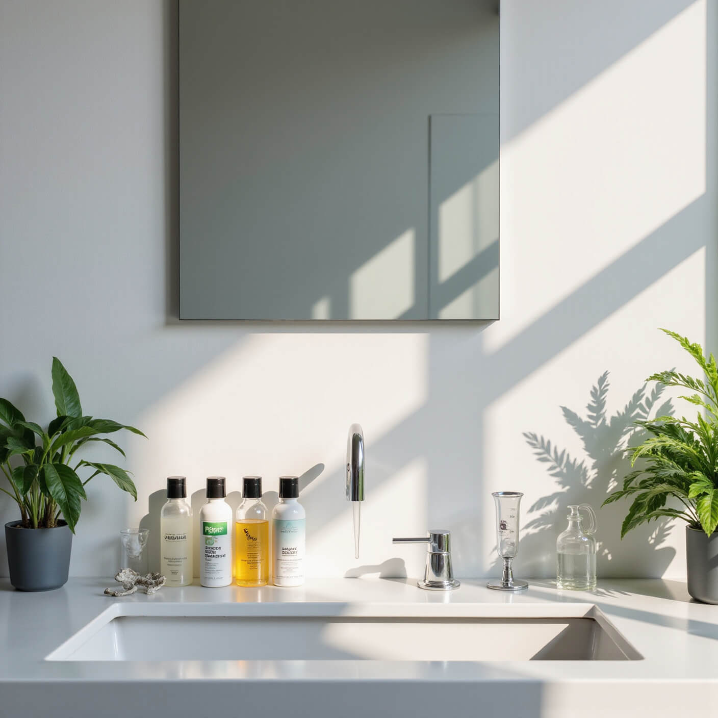 Minimalist bathroom counter with glass containers, organic shampoo bottles, scientific tools, and green plants under soft afternoon light.