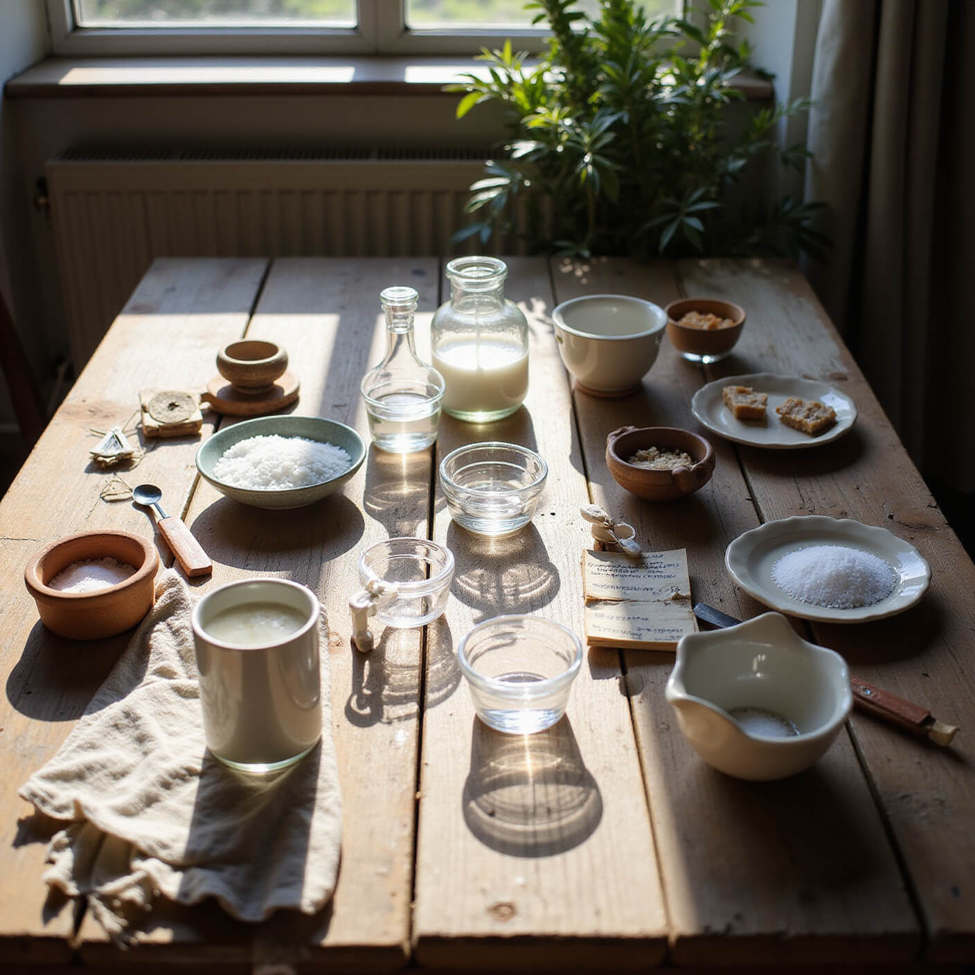 Rustic wooden table bathed in morning sunlight with sea salt samples, glass bowls, measuring spoons, ceramic vessels, linen cloth, and handwritten notes arranged neatly.