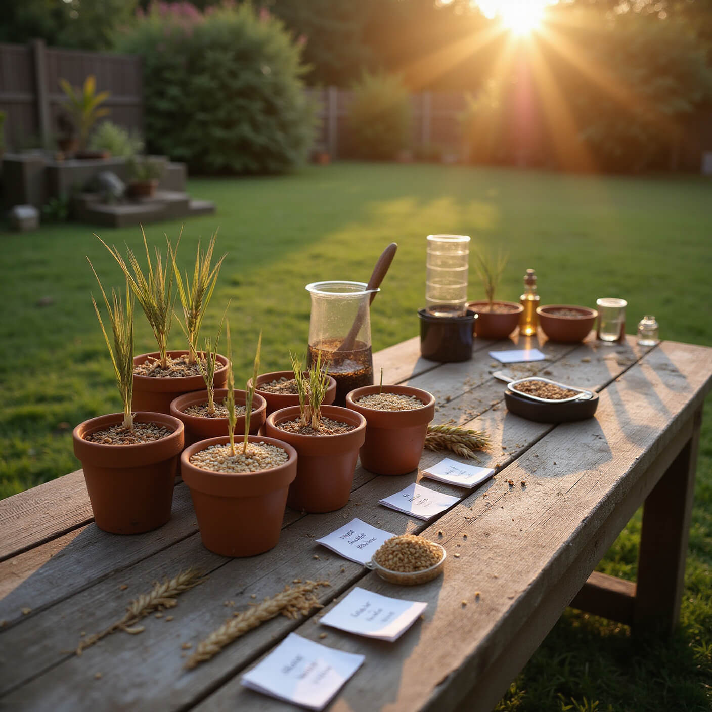 Ancient wheat and barley germination test setup at dawn with terracotta pots, labeled containers, and modern comparisons on a weathered wooden table, bathed in golden morning light.
