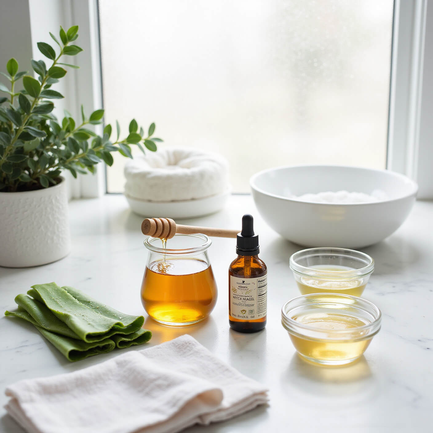 Natural skincare ingredients—aloe vera, honey, tea tree oil, witch hazel, and apple cider vinegar—arranged on a sunlit marble bathroom counter with a white washcloth, ceramic bowl, and potted eucalyptus.