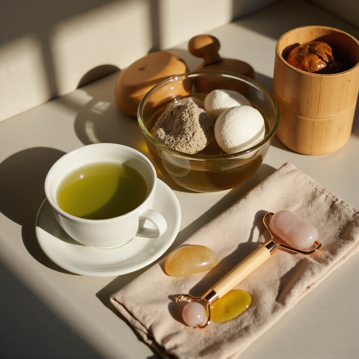 Flat lay of a serene bathroom vanity at golden hour with green tea, facial steaming bowl, bamboo containers, rose quartz roller, and jojoba oil drops in warm light.