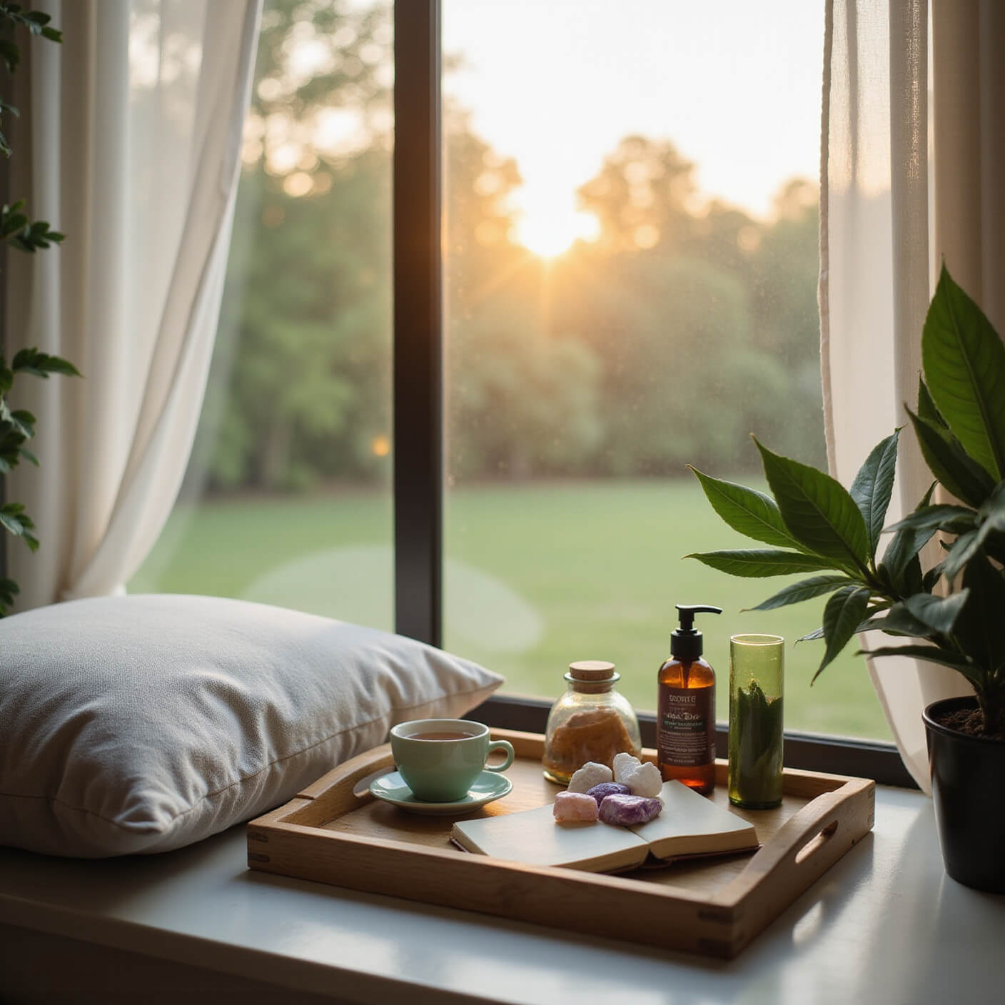 Meditation cushion by bedroom window with tray holding journal, green tea, skincare items, surrounded by crystals and plants in soft morning light.